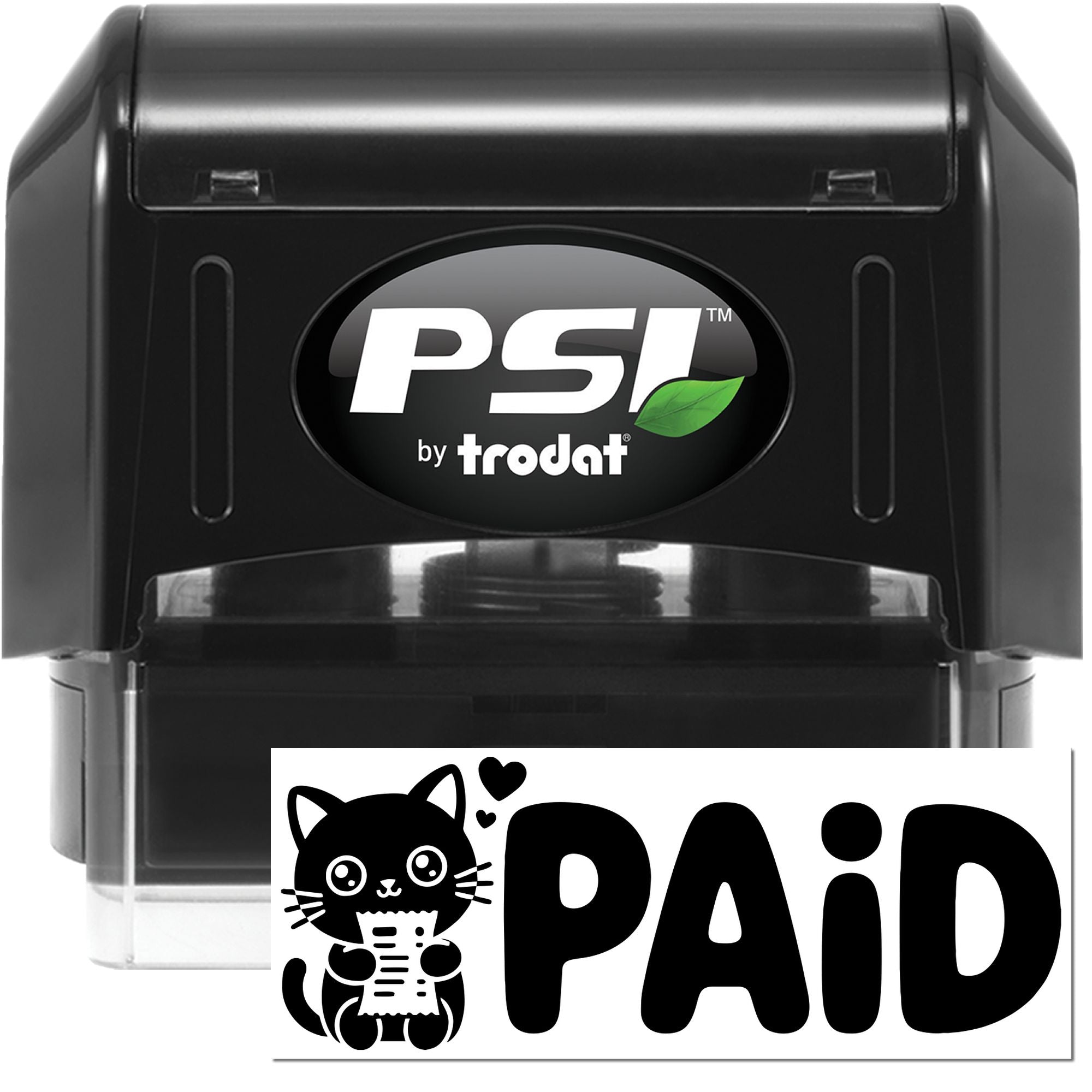 PSI by Trodat self-inking rubber stamp with PAID cat design for business invoicing and office use.