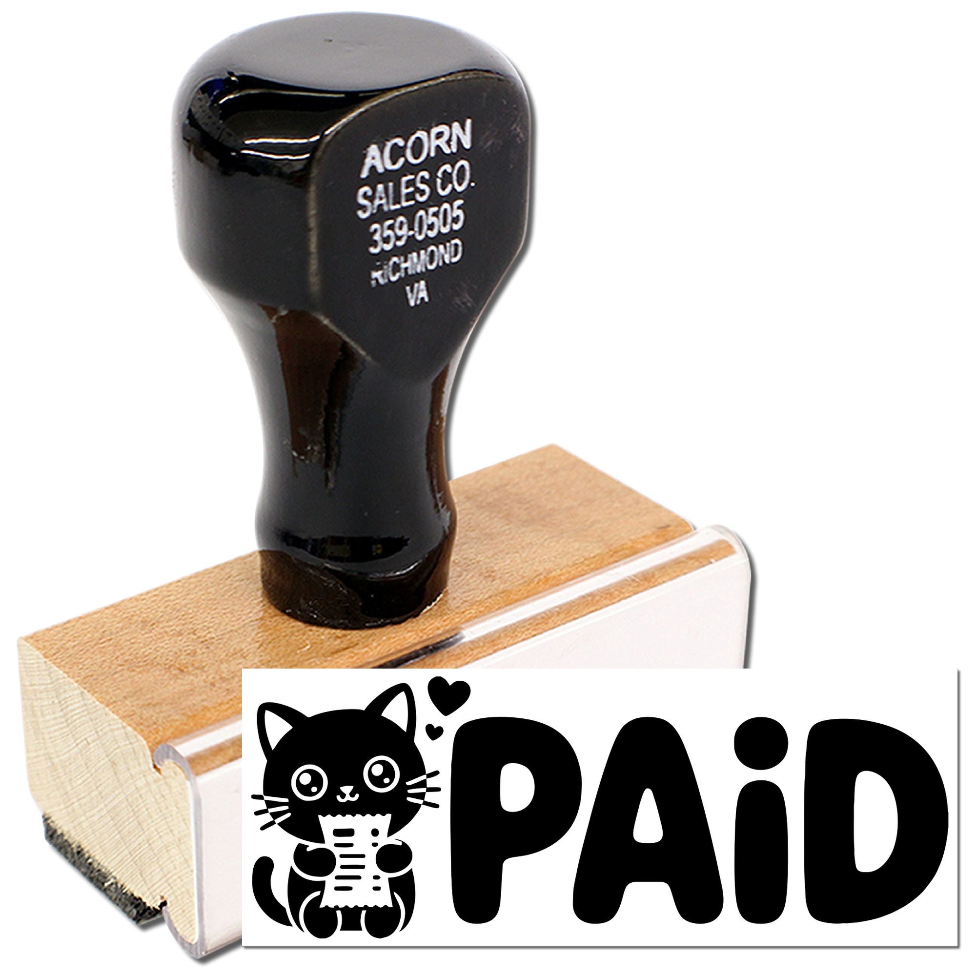 Custom rubber stamp with PAID cat design for marking invoices, bills, and office paperwork