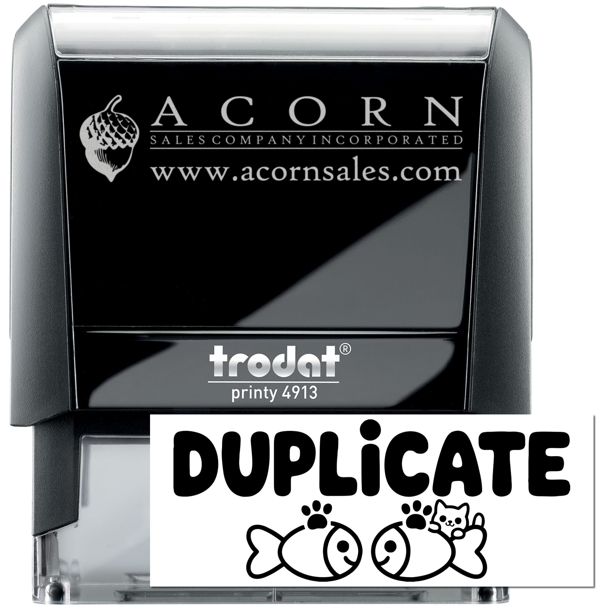Custom Trodat self-inking rubber stamp with Acorn Sales Company logo, website, and duplicate mark design.