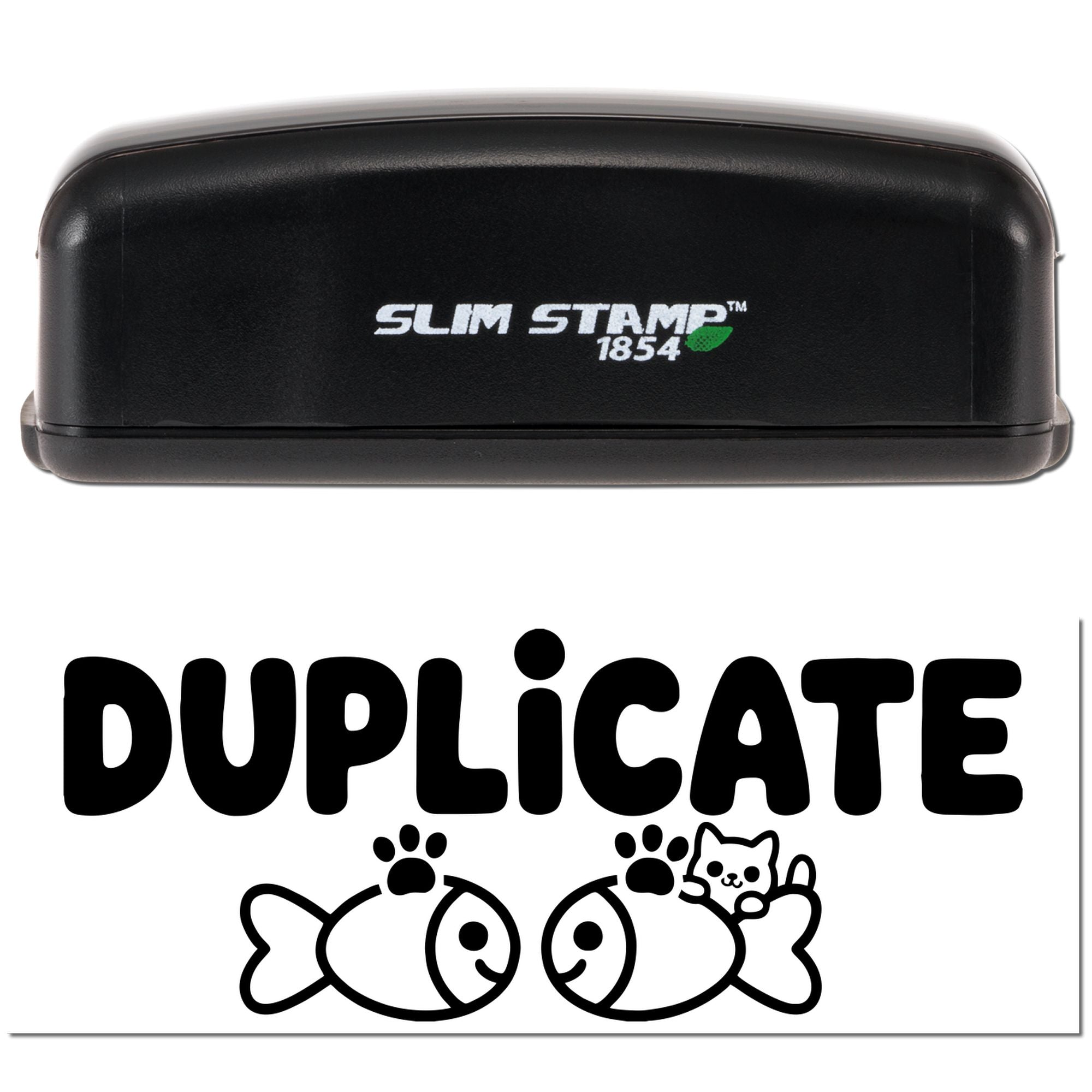 Slim Stamp 1854 duplicate rubber stamp with fish and paw print design impression.