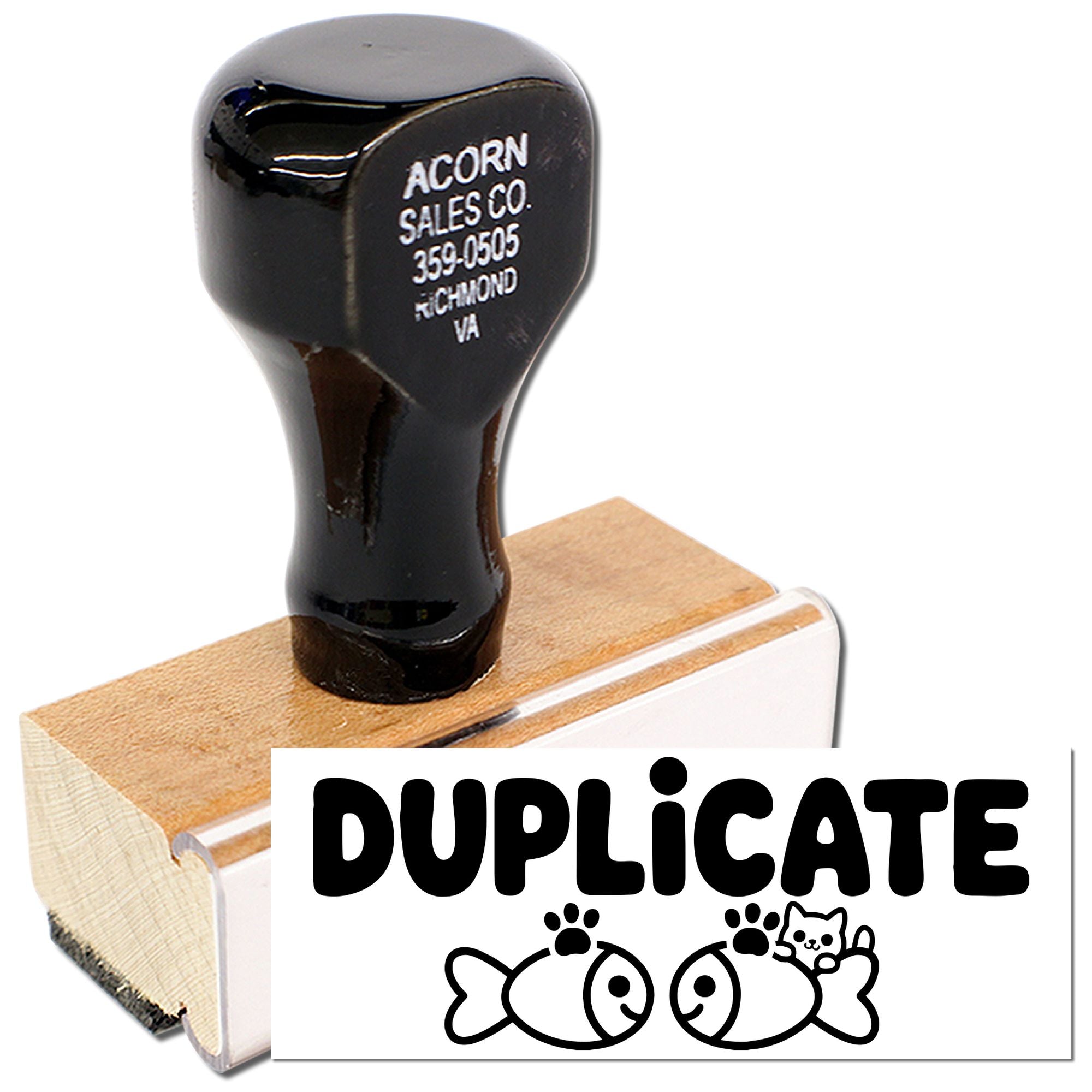 Wooden rubber stamp with Duplicate fish logo for marking office documents.