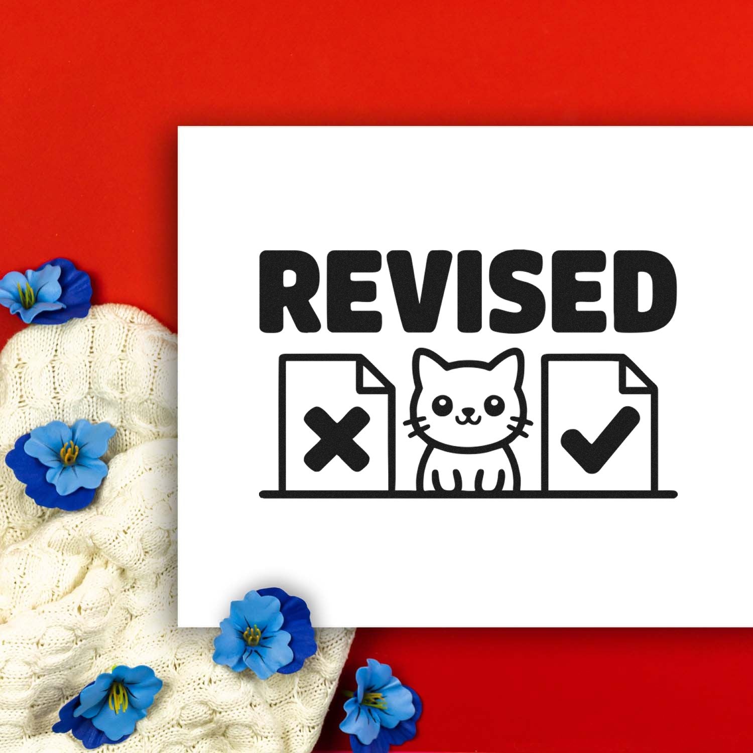 Revised cat document rubber stamp design for office approval, with check and X icons on a white card.