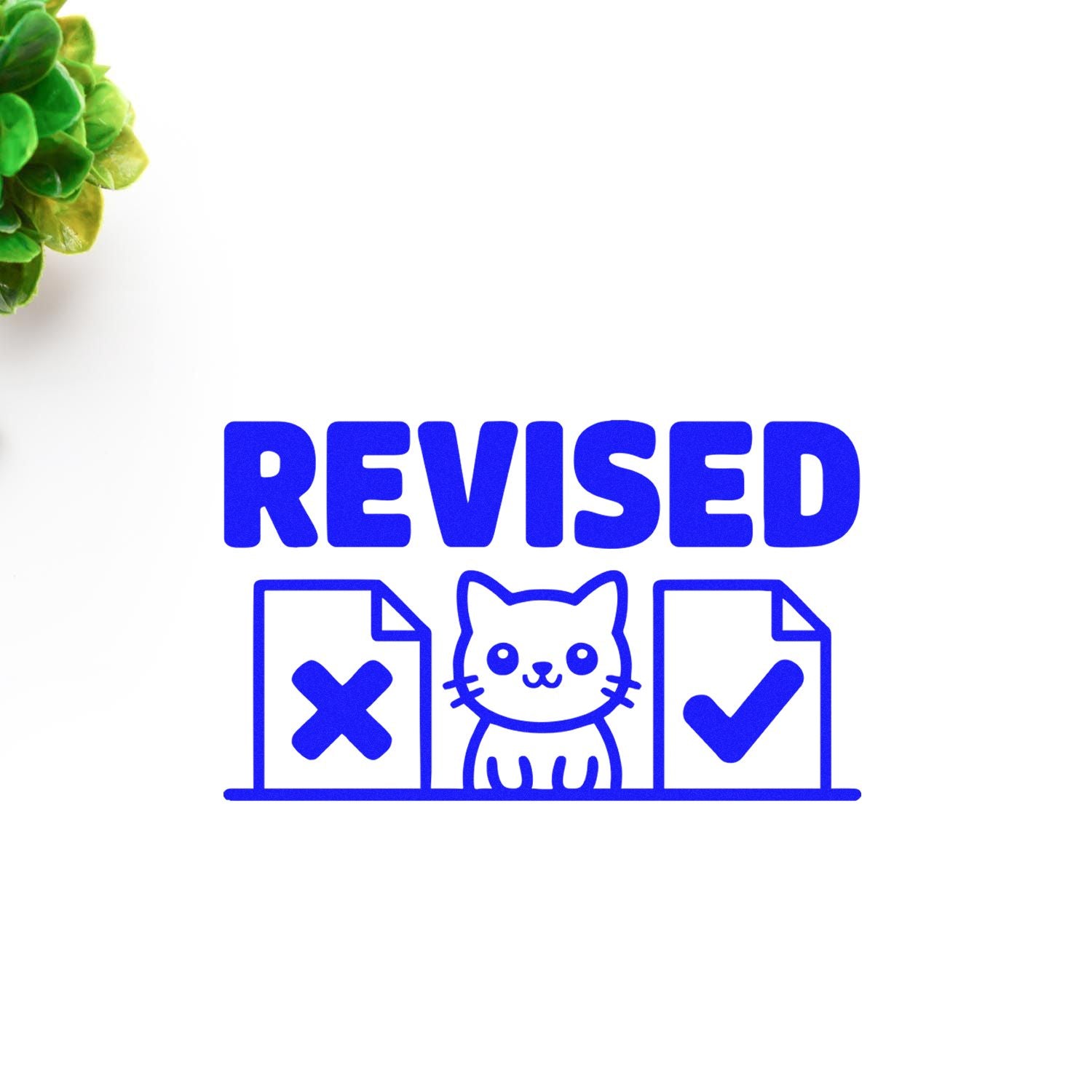 Revised rubber stamp design with cat and document icons, ideal for office approval and revision marks.