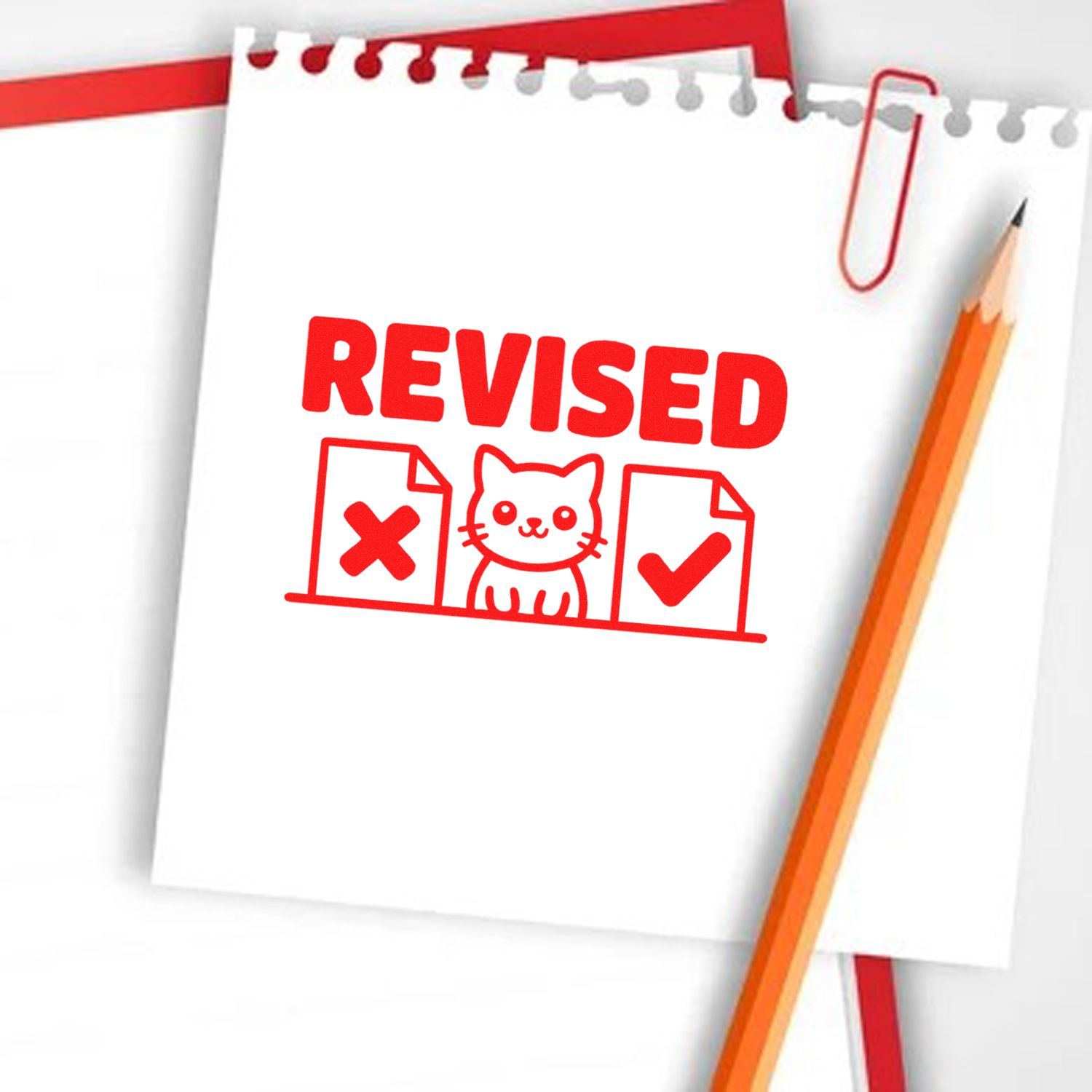 Revised rubber stamp graphic on notebook paper, ideal for document review, approvals, and office marking.