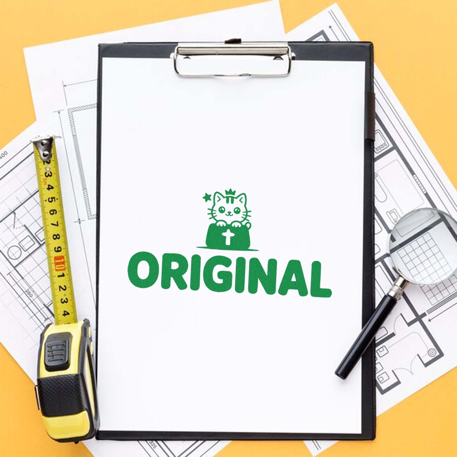 Original cat rubber stamp design on clipboard with blueprint and measuring tools, showcasing custom rubber stamp branding.