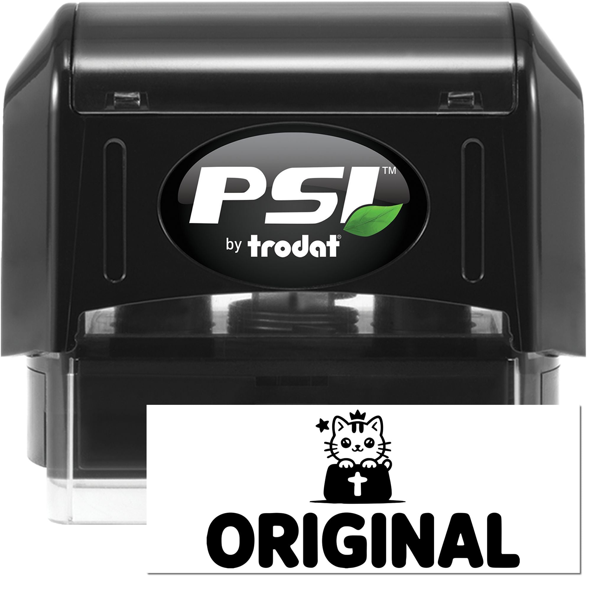 PSI by Trodat self-inking rubber stamp with custom ORIGINAL cat logo imprint for branding and business use