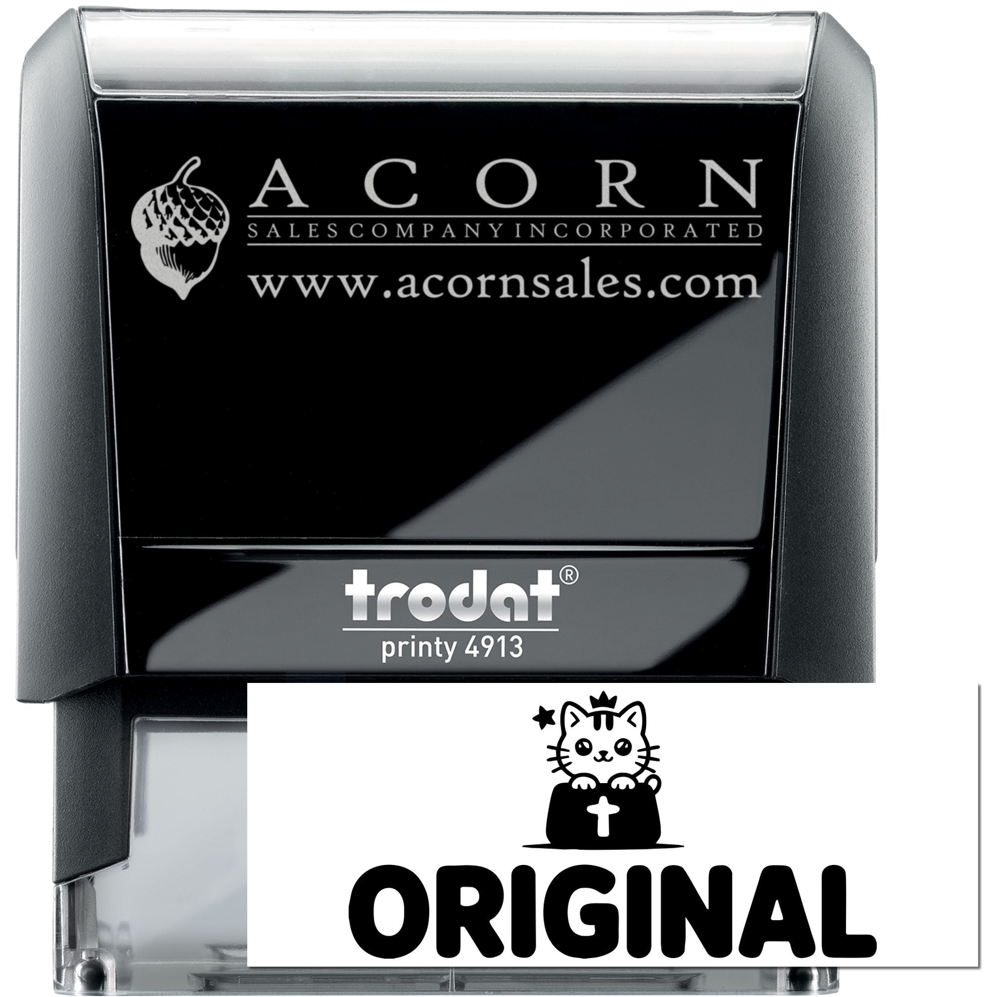 Custom self-inking rubber stamp with Acorn Sales logo and website, ideal for business branding and document marking.