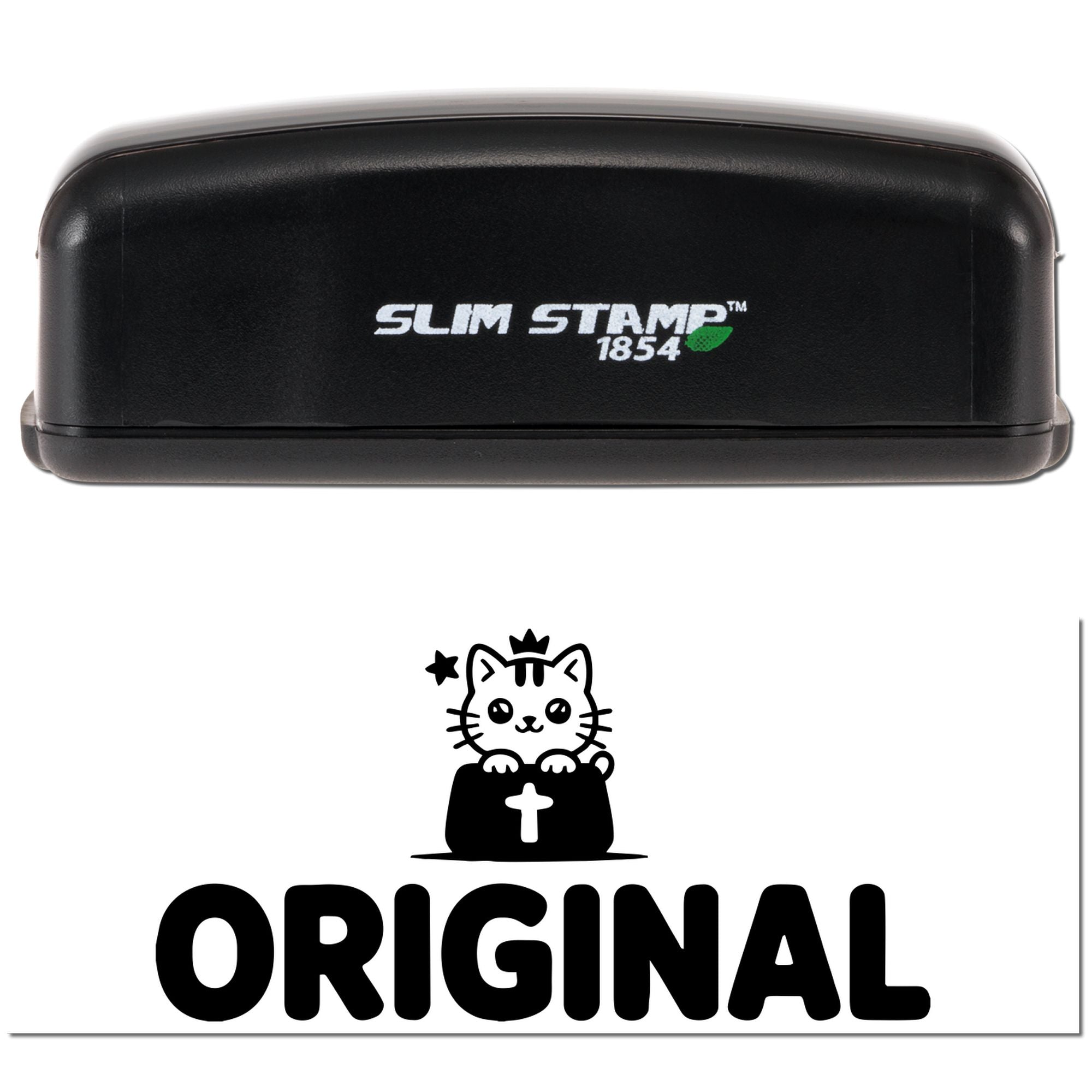 Slim Stamp 1854 rubber stamp showing original cat logo imprint for custom branding