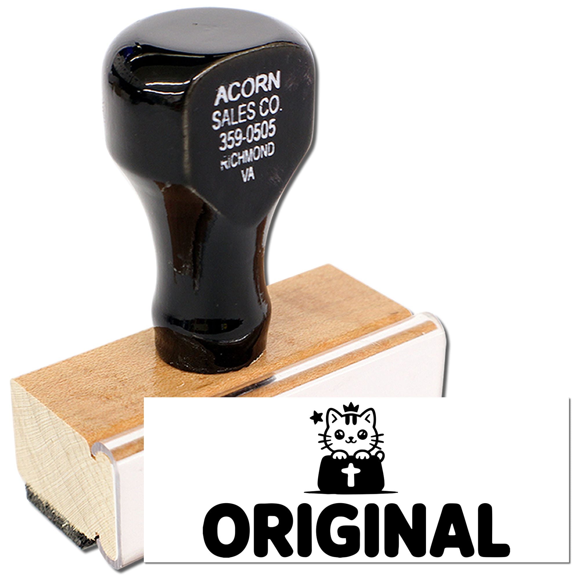 Original cat logo rubber stamp with wood handle for branding, packaging, and business imprinting.