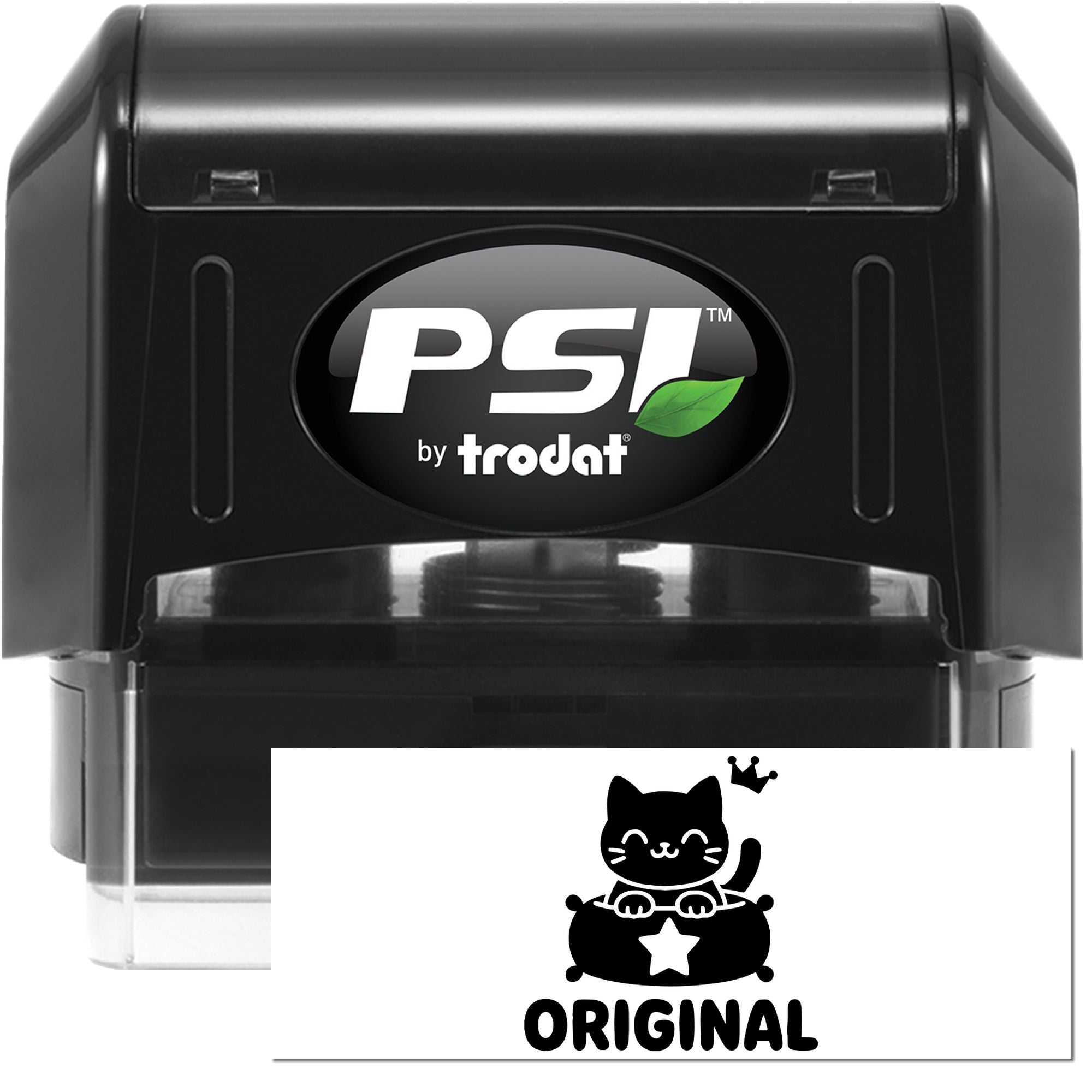 PSI by Trodat self-inking rubber stamp with custom cat Original imprint for personalized craft and business use.