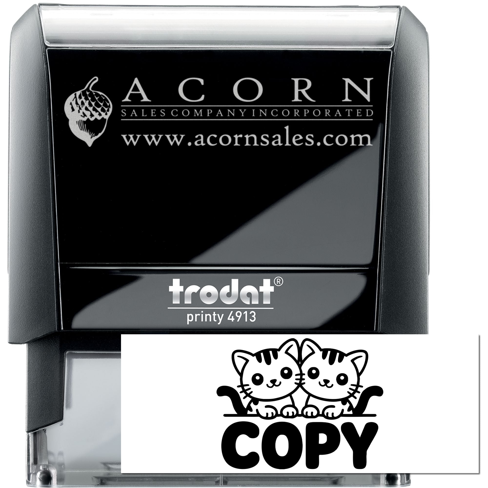 Custom Trodat Printy 4913 self-inking rubber stamp with Acorn Sales Company logo and website for business branding