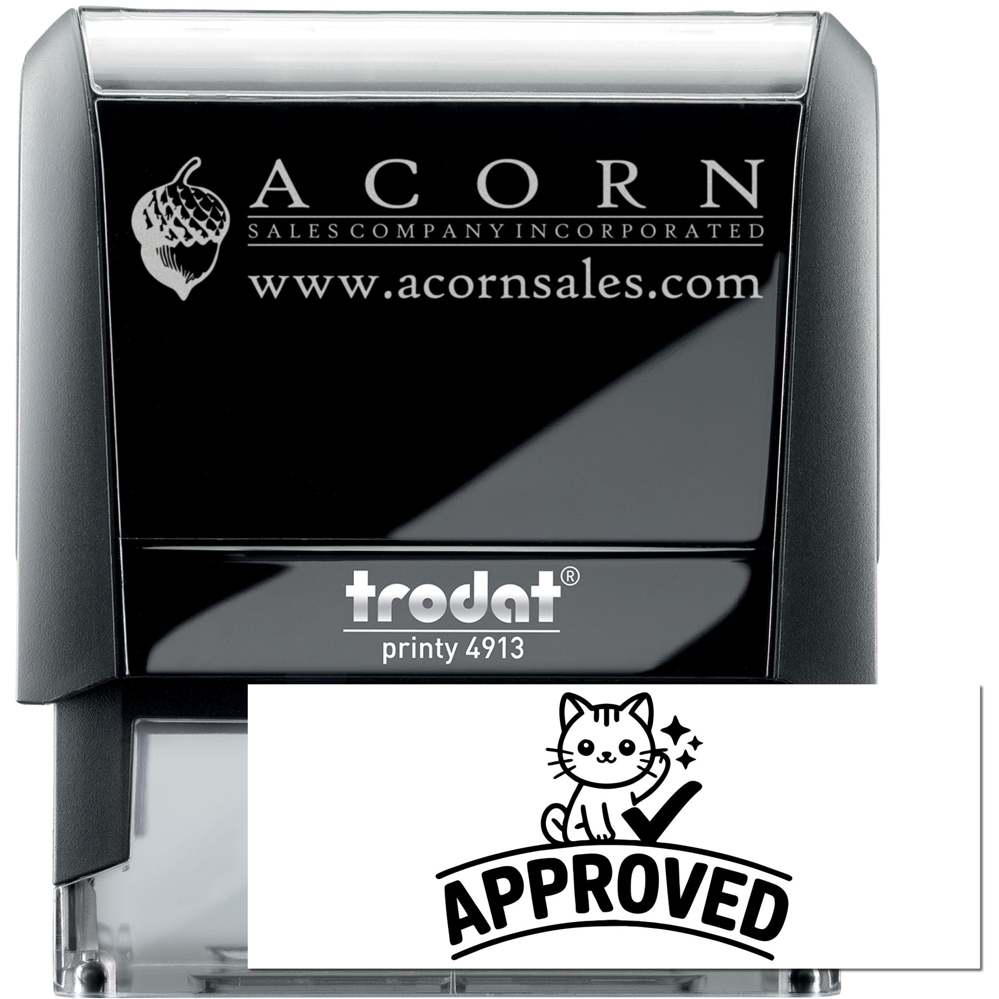 Custom self-inking rubber stamp, Trodat Printy 4913, featuring Acorn Sales logo and approved cat checkmark design.