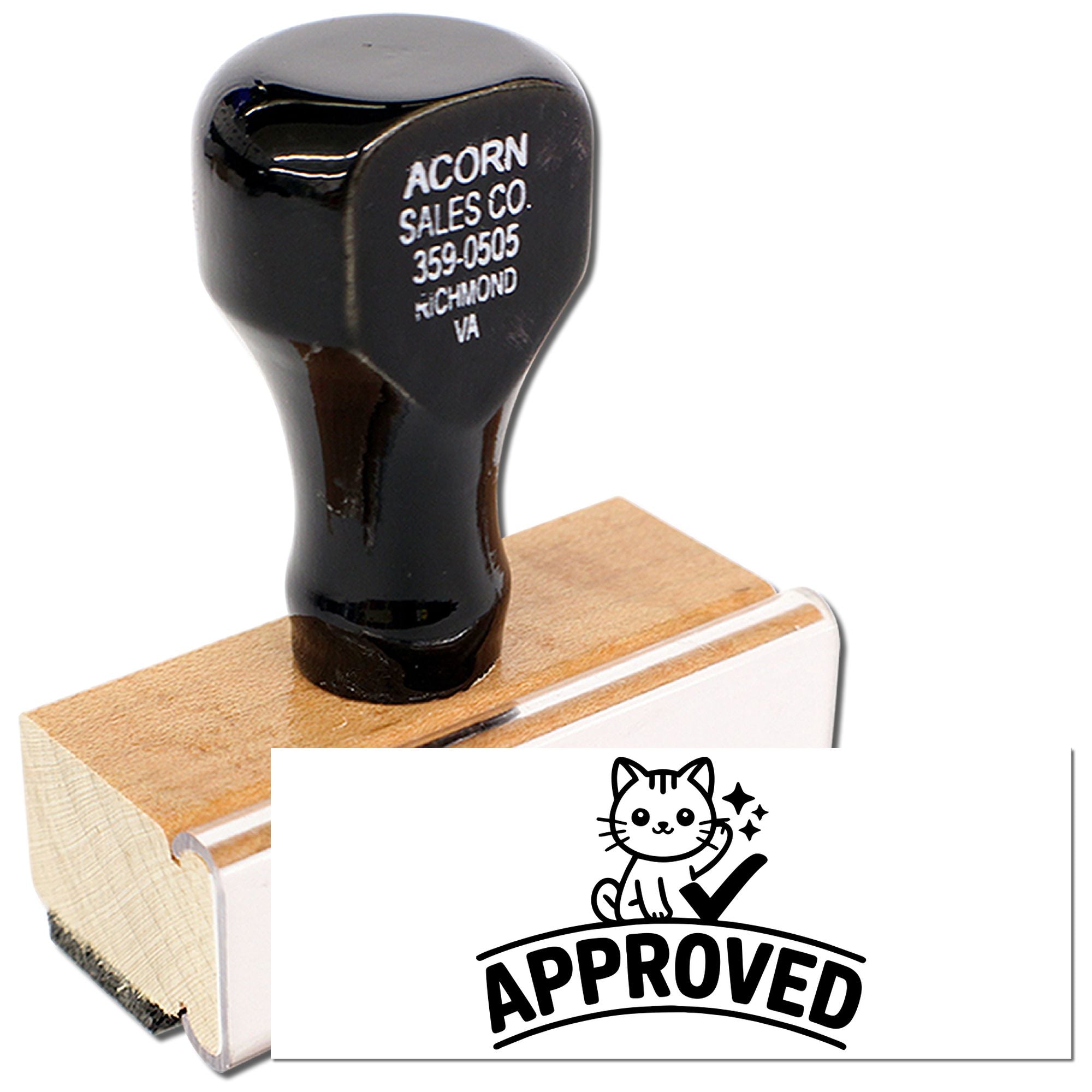Custom rubber stamp with cat Approved logo and wooden handle for business branding, office approvals, and packaging.