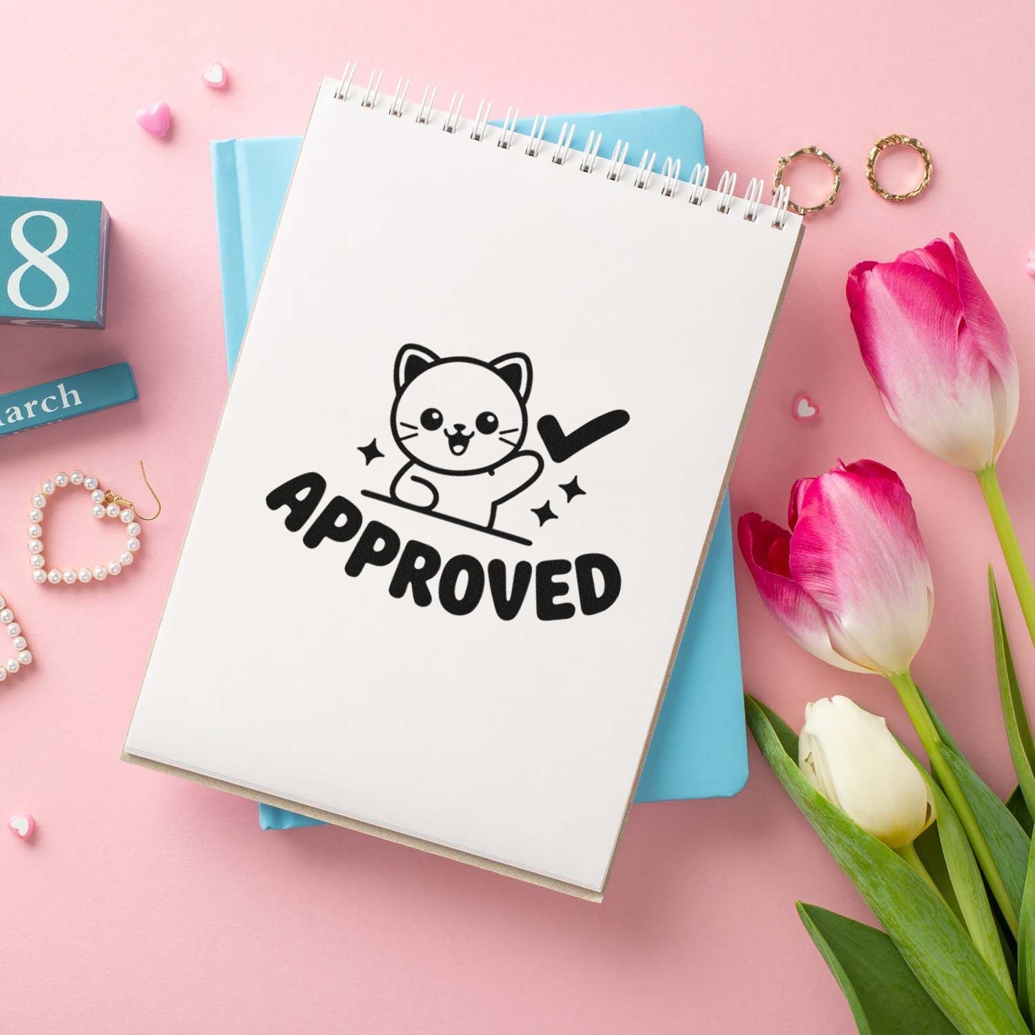 Cute cat Approved rubber stamp impression for planners, journaling, and stationery.