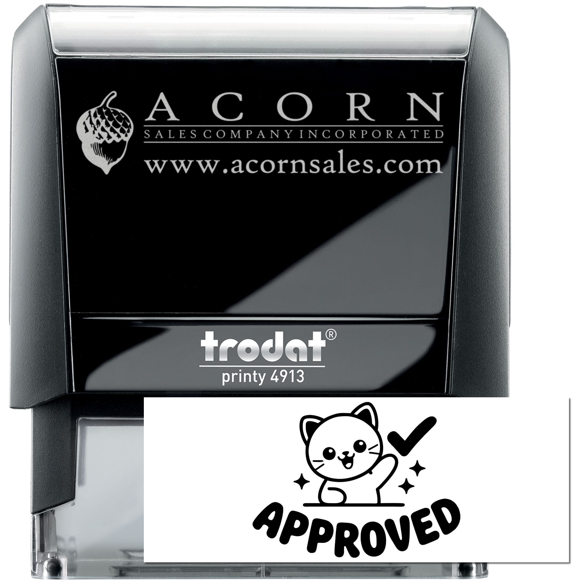 Custom self-inking rubber stamp with Acorn Sales Company logo, website, and approved cat design for business use.