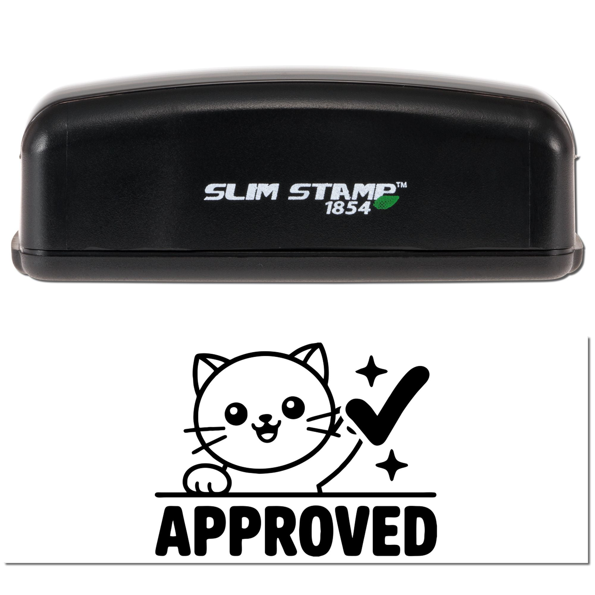 Slim Stamp 1854 approved cat rubber stamp for fun office paperwork and custom approval marking.