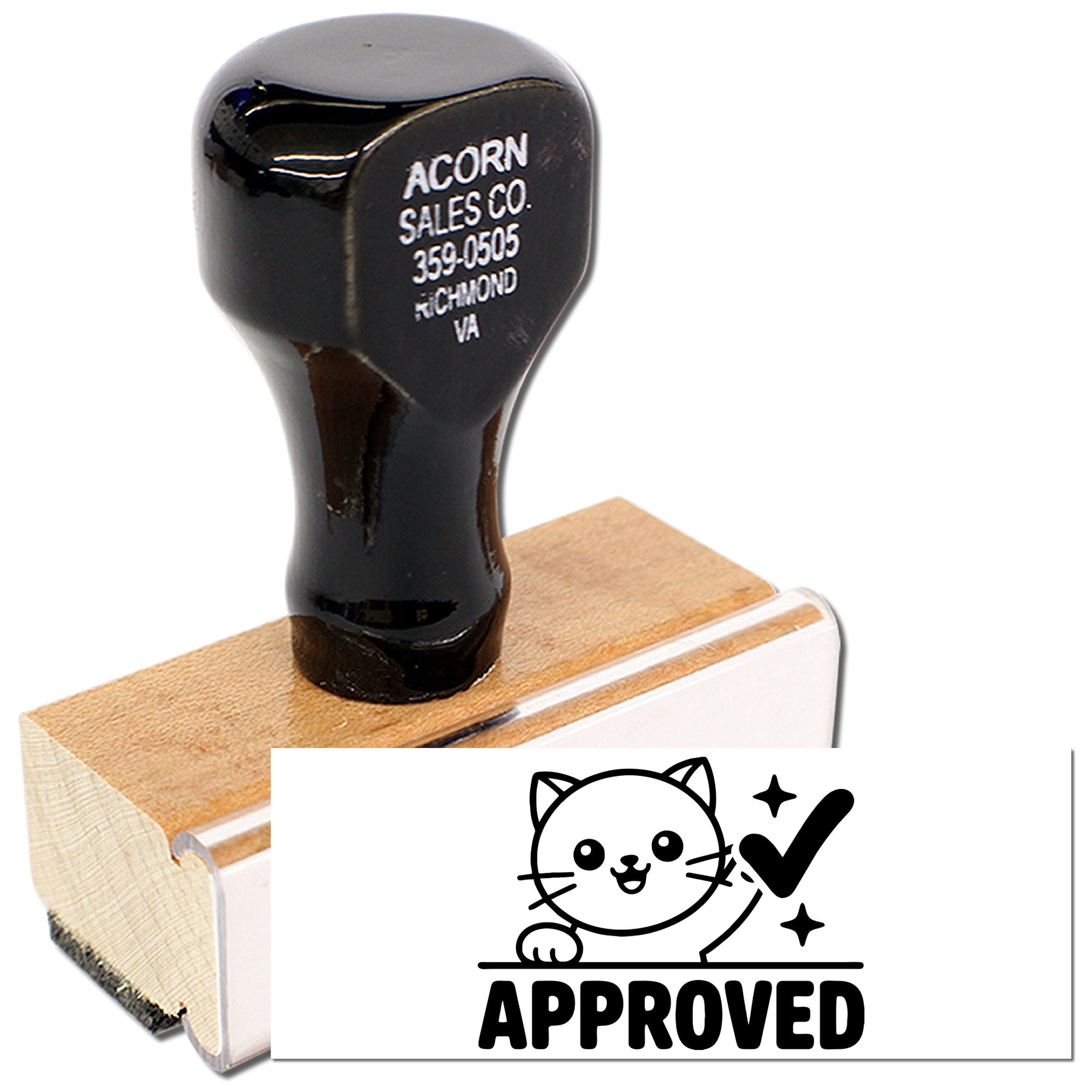 Custom rubber stamp with APPROVED cat design for office, business, and packaging approval marking.