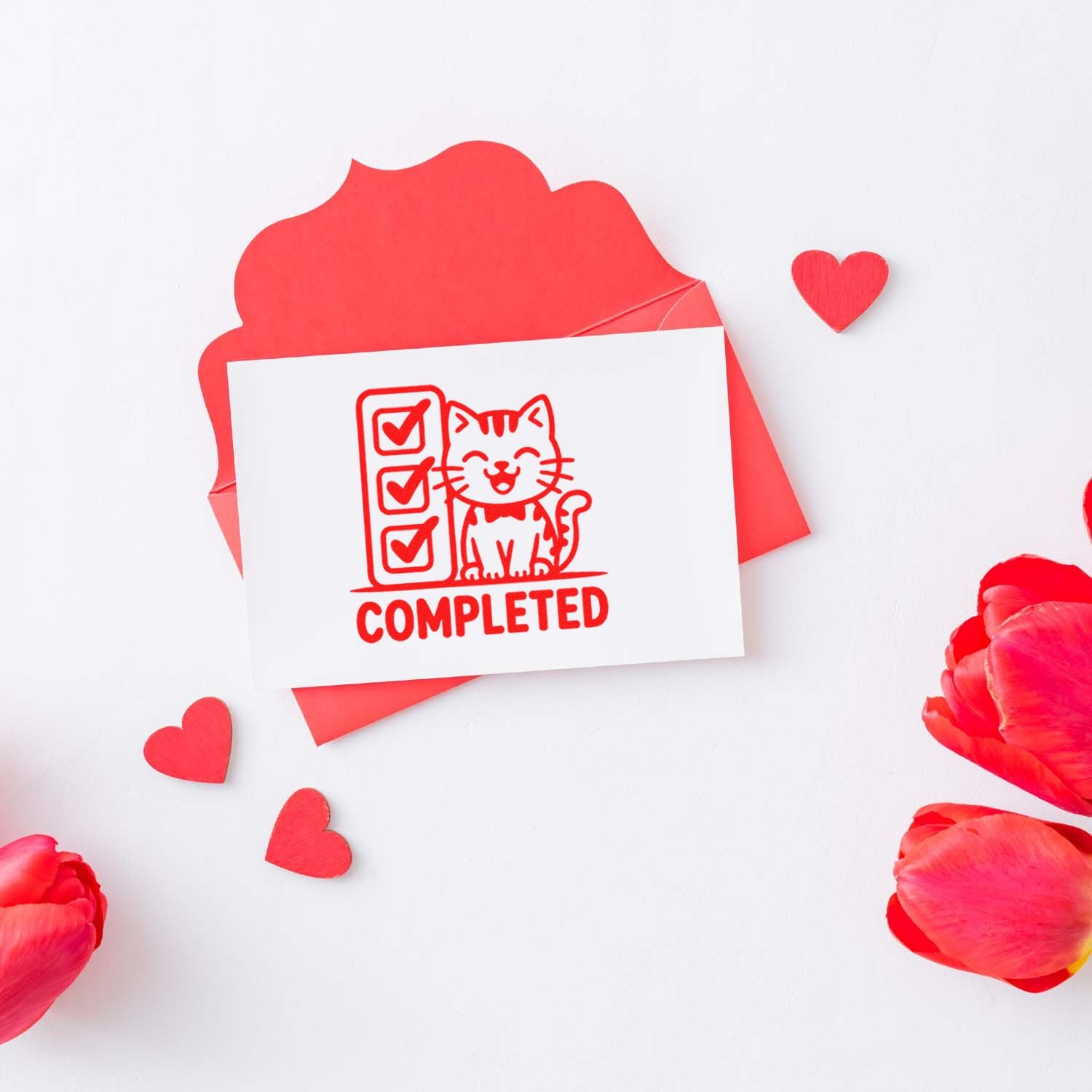 Cat completed rubber stamp with checklist design, perfect for Valentines gifts and packaging