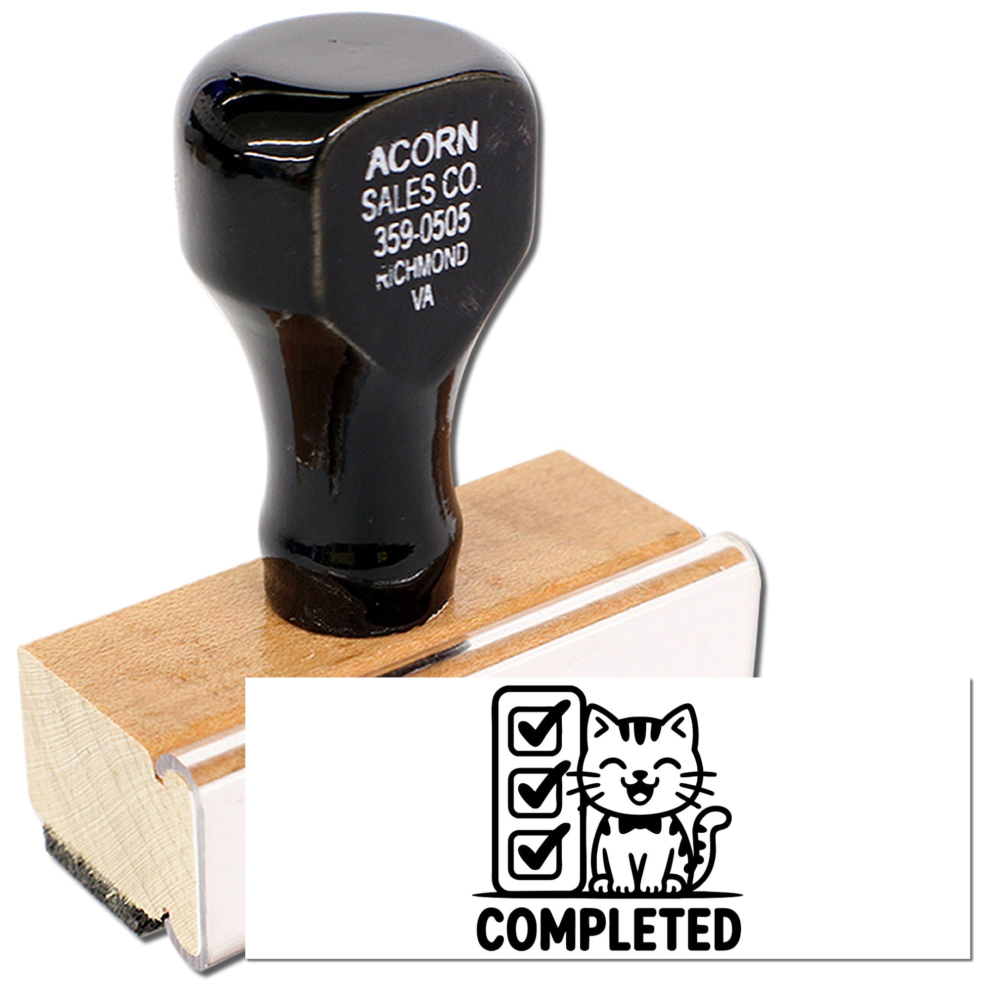 Custom cat checklist completed rubber stamp with wooden handle