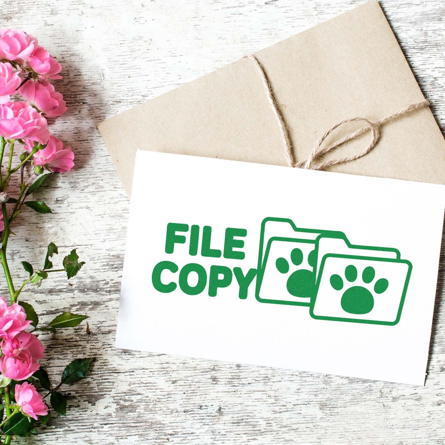 File copy rubber stamp with paw print folder icons for pet records, office filing, and document organization.