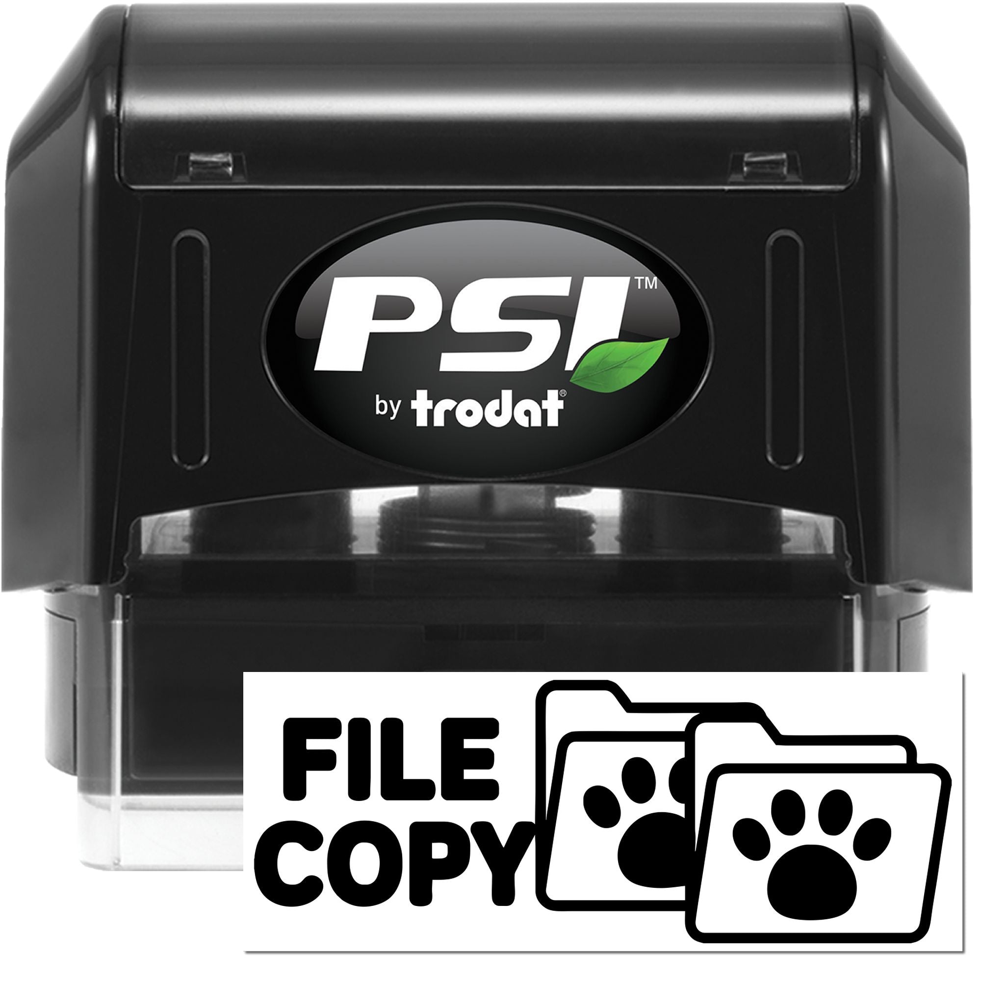 PSI by Trodat self-inking rubber stamp for File Copy documents with paw print icon, ideal for pet records and office filing.