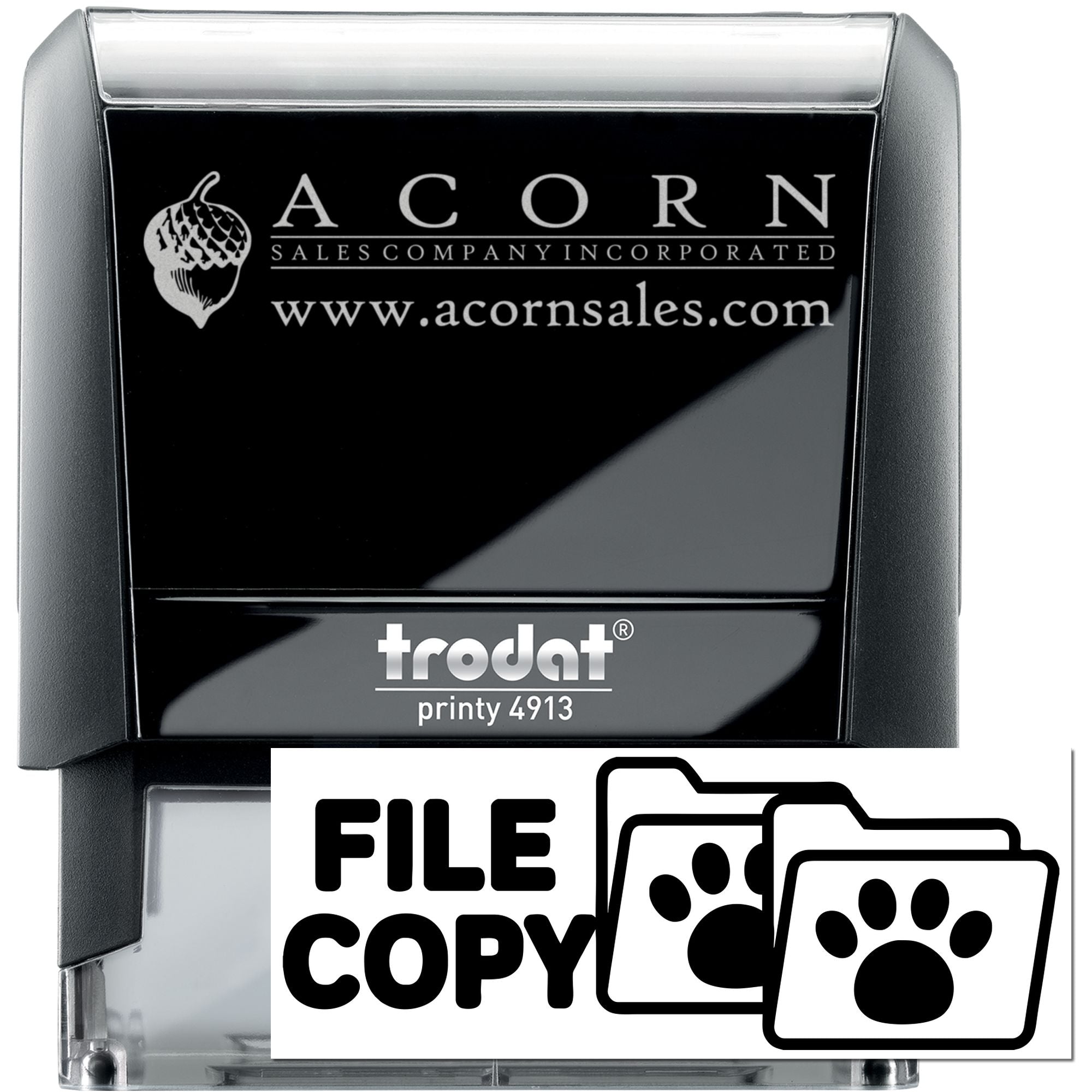 Custom self-inking rubber stamp with Acorn Sales Company logo, website, and file copy marking, Trodat Printy 4913.