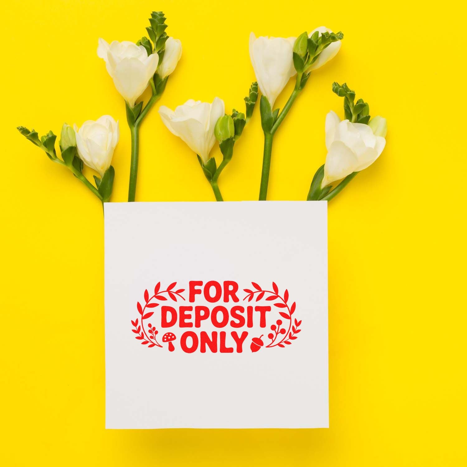 For Deposit Only rubber stamp design mockup on white paper bag with flowers, yellow background