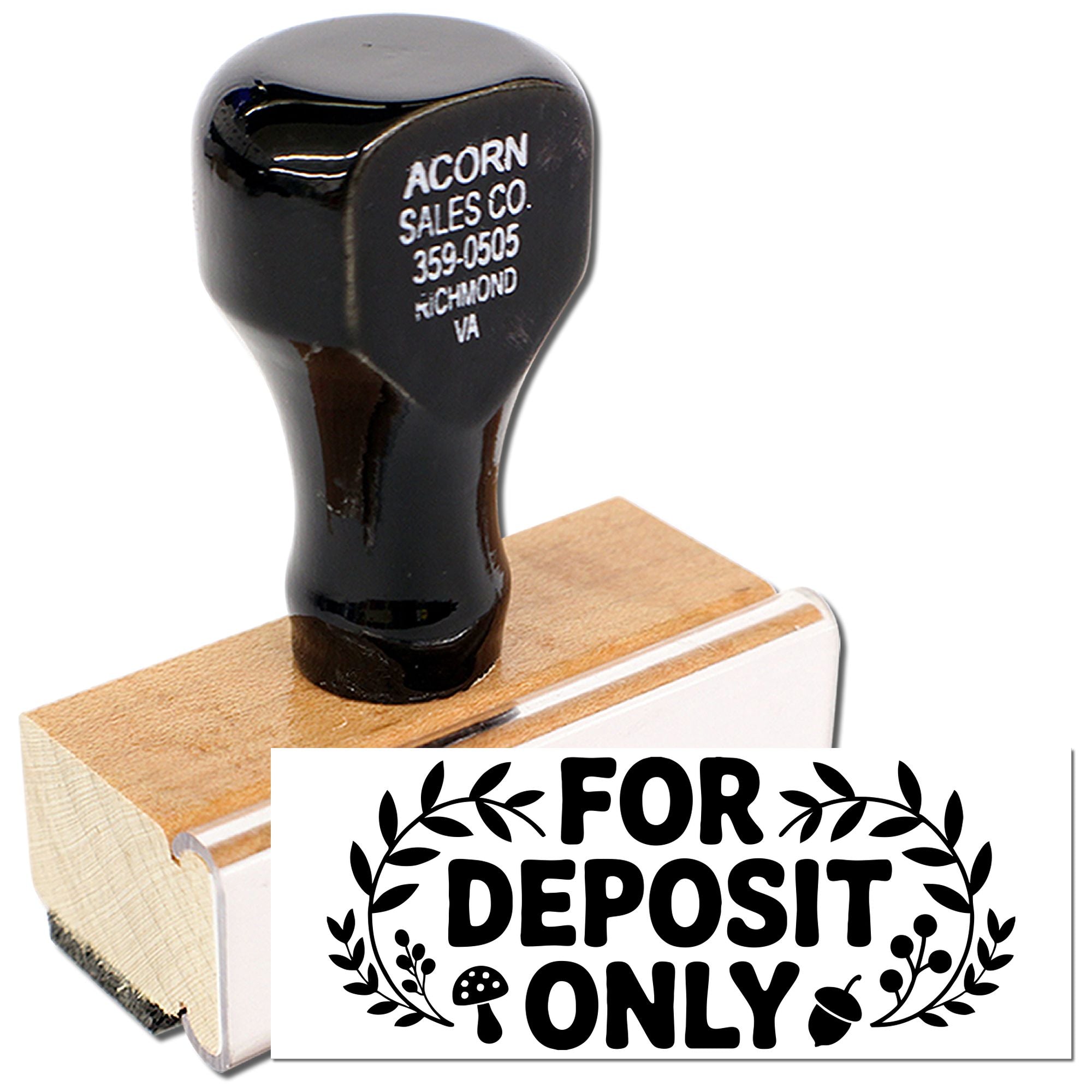 Custom rubber stamp for bank deposits, showing For Deposit Only imprint on a wood-handled business endorsement stamp.