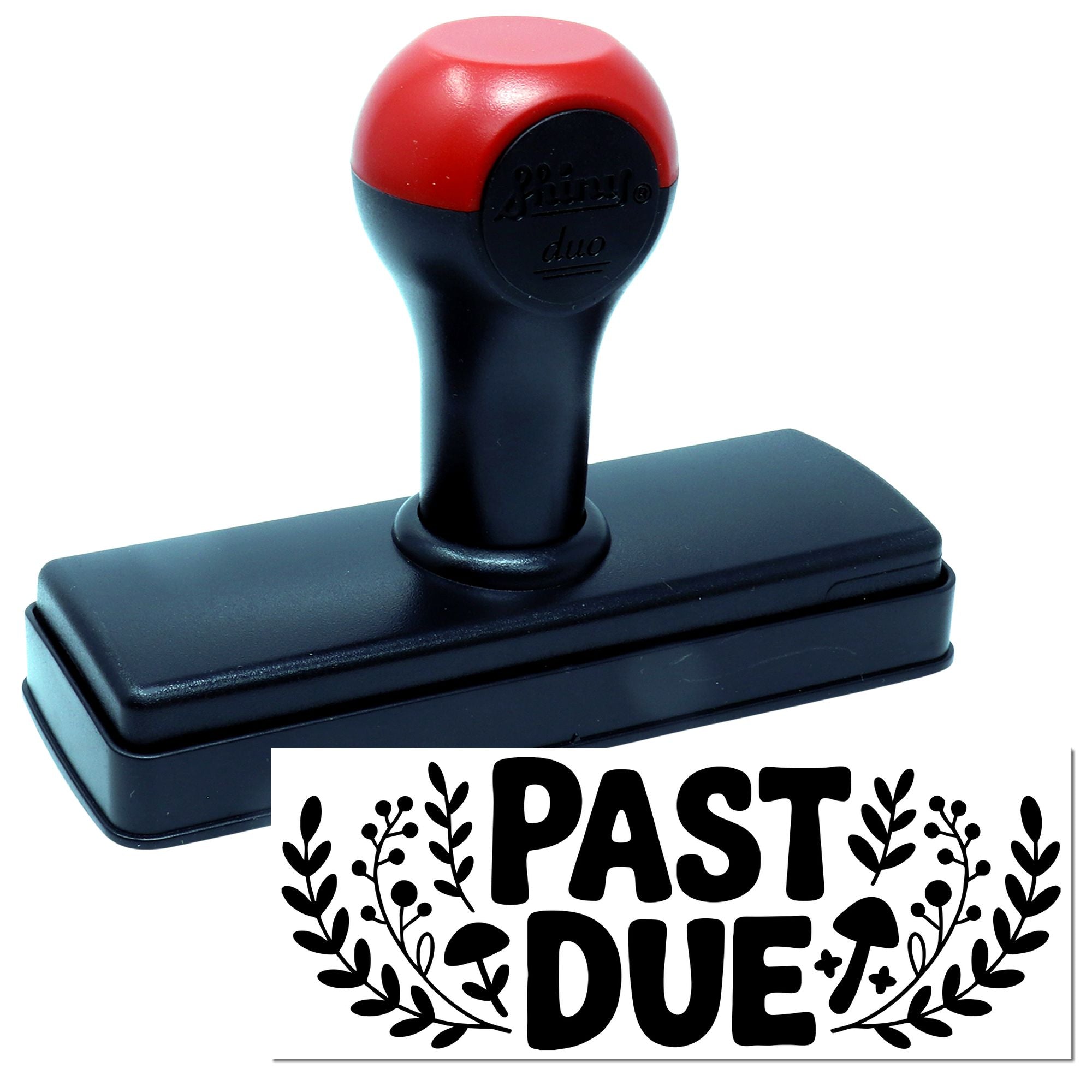 Self-inking rubber stamp with PAST DUE imprint for overdue notices, billing reminders, and office accounting use.