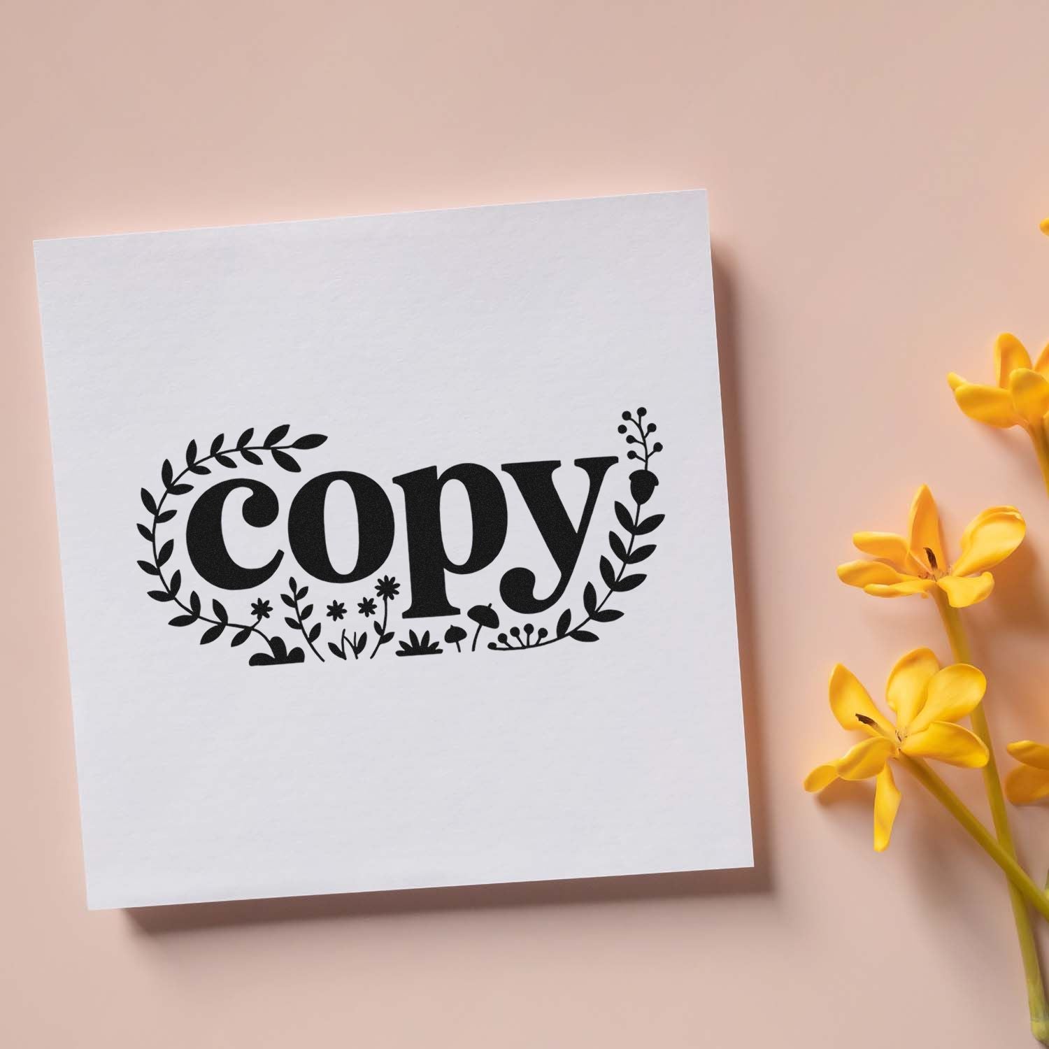Floral copy rubber stamp impression on white card, ideal for document marking, office use, and craft branding.