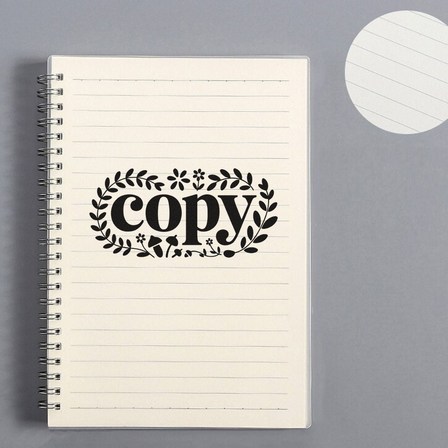 Decorative copy rubber stamp design on notebook page, ideal for office document marking and stationery branding.
