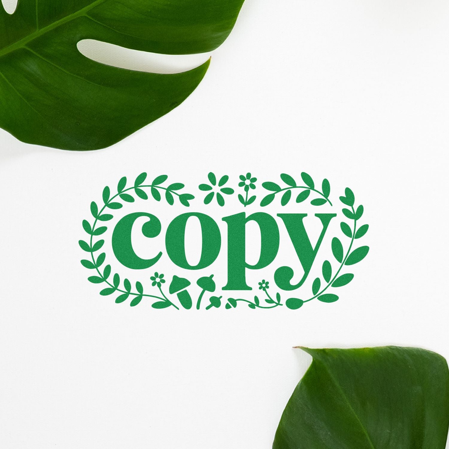 Leafy green COPY rubber stamp design with floral wreath, ideal for document marking and eco-themed stationery.