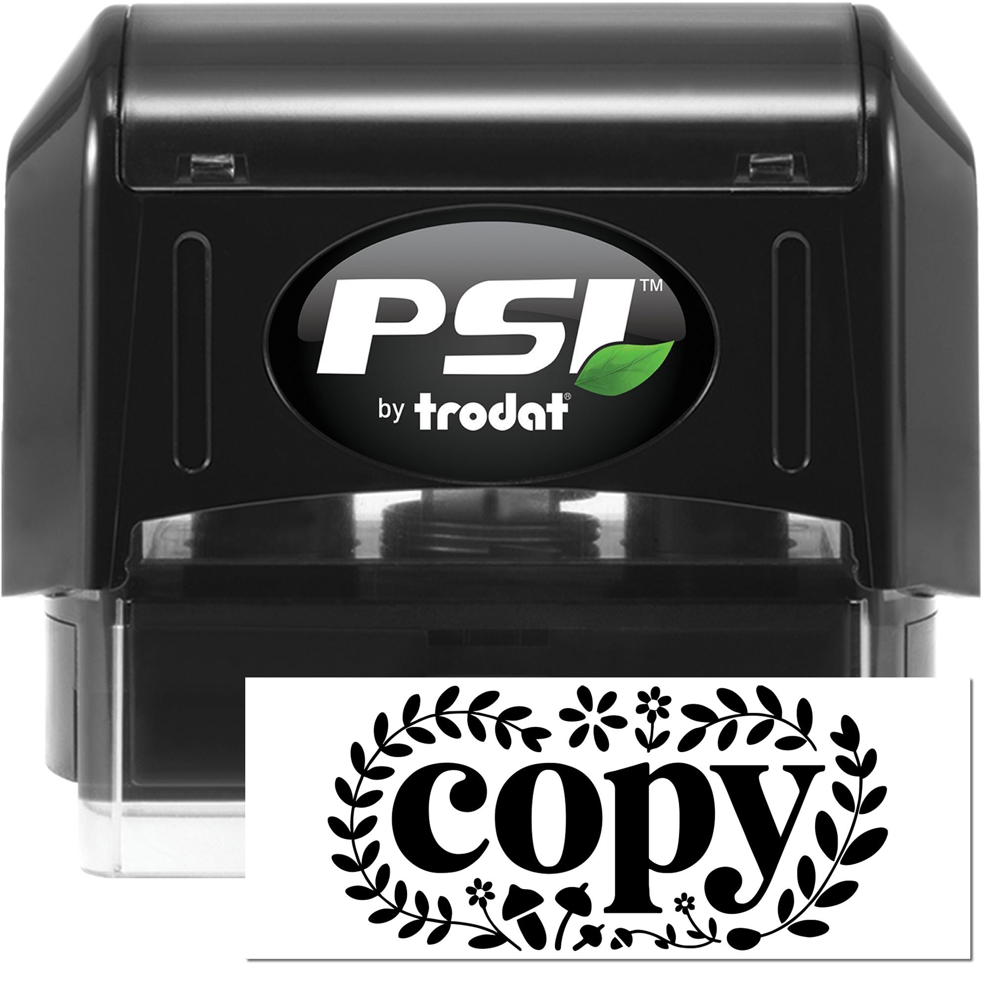 PSI by Trodat self-inking rubber stamp with custom floral copy imprint for office document marking and branding