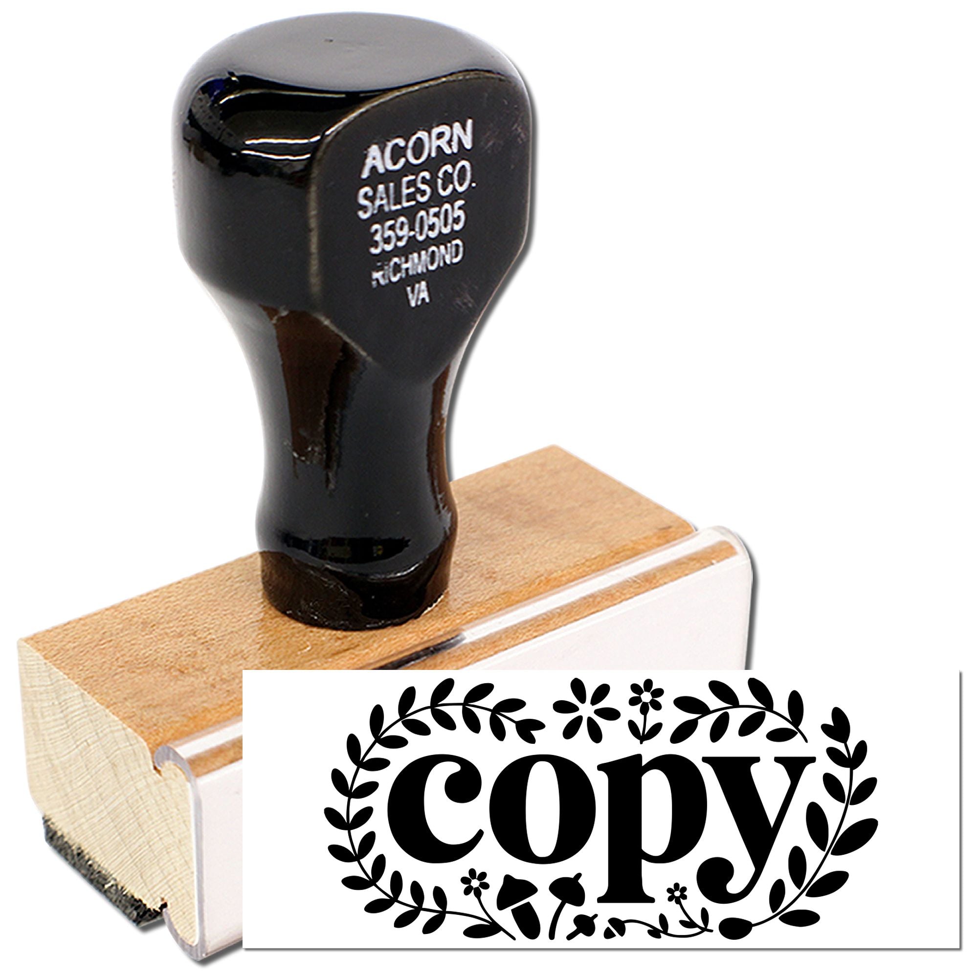 Custom wooden rubber stamp with floral copy design for office documents, business paperwork, and file marking.