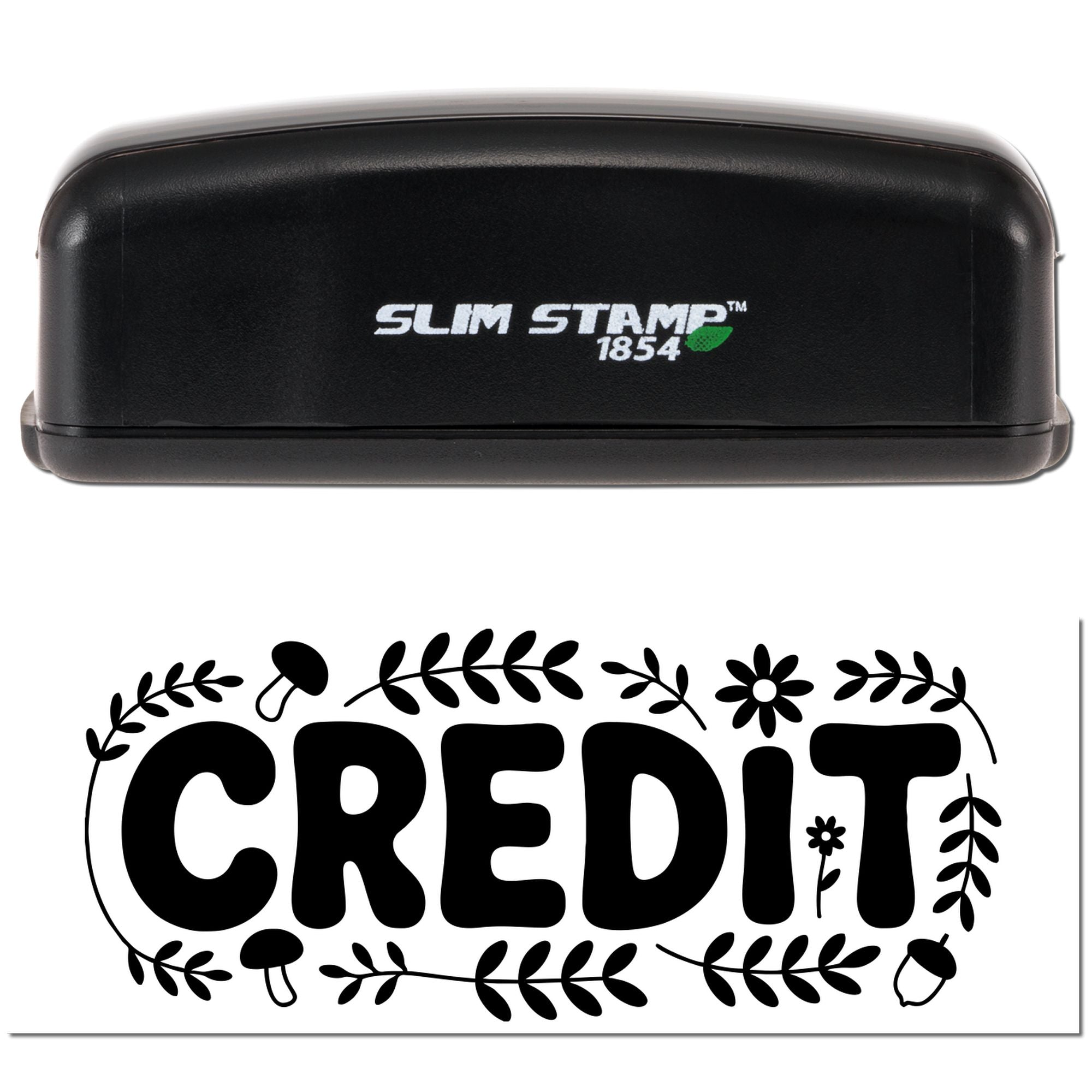 Slim Stamp 1854 custom rubber stamp with decorative CREDIT floral design for craft or business use