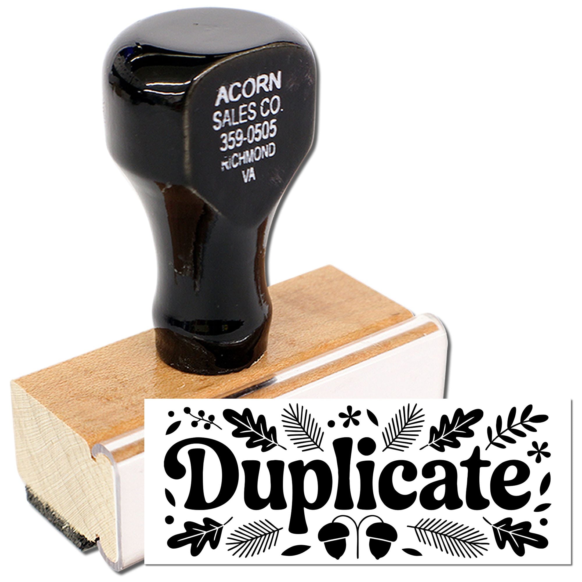 Wood-mounted Duplicate rubber stamp with decorative leaf border for office document marking.