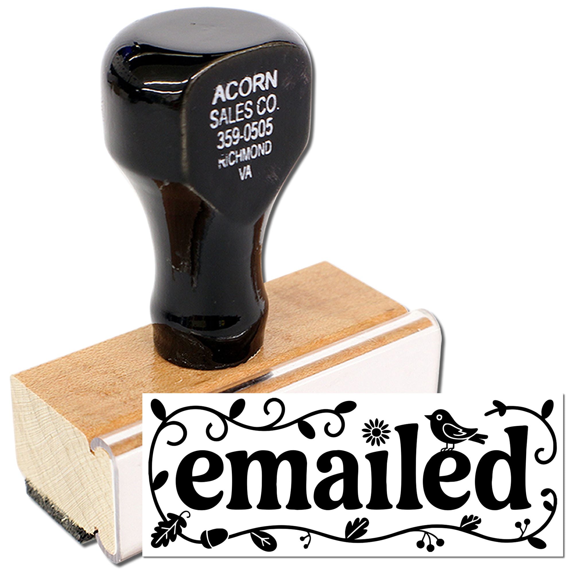 Custom rubber stamp with emailed text and decorative floral border for office mail use
