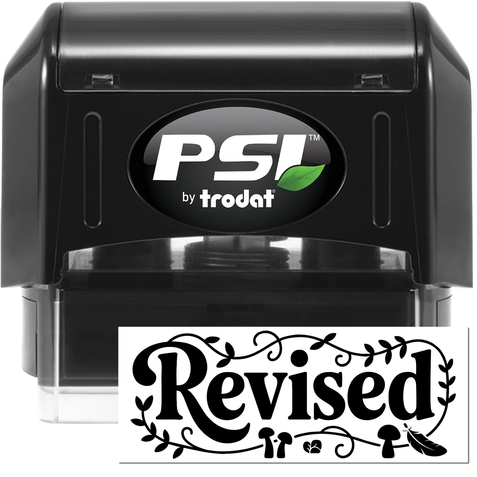 PSI by Trodat self-inking rubber stamp with Revised imprint for office document approval and tracking.