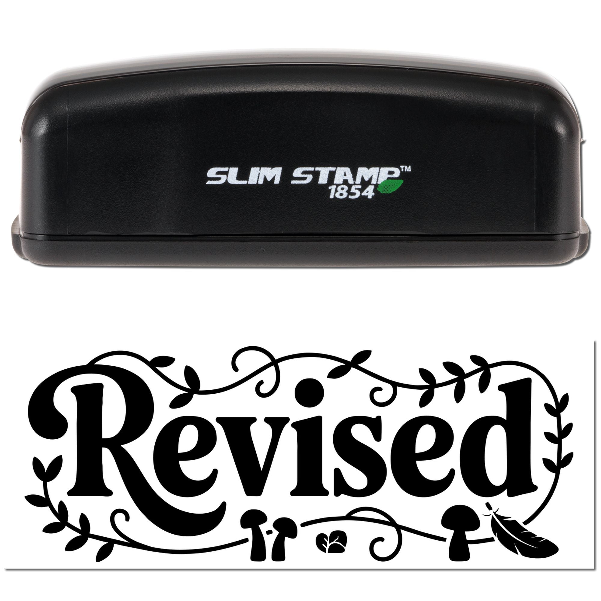 Slim Stamp 1854 rubber stamp with decorative Revised imprint for marking updated office documents