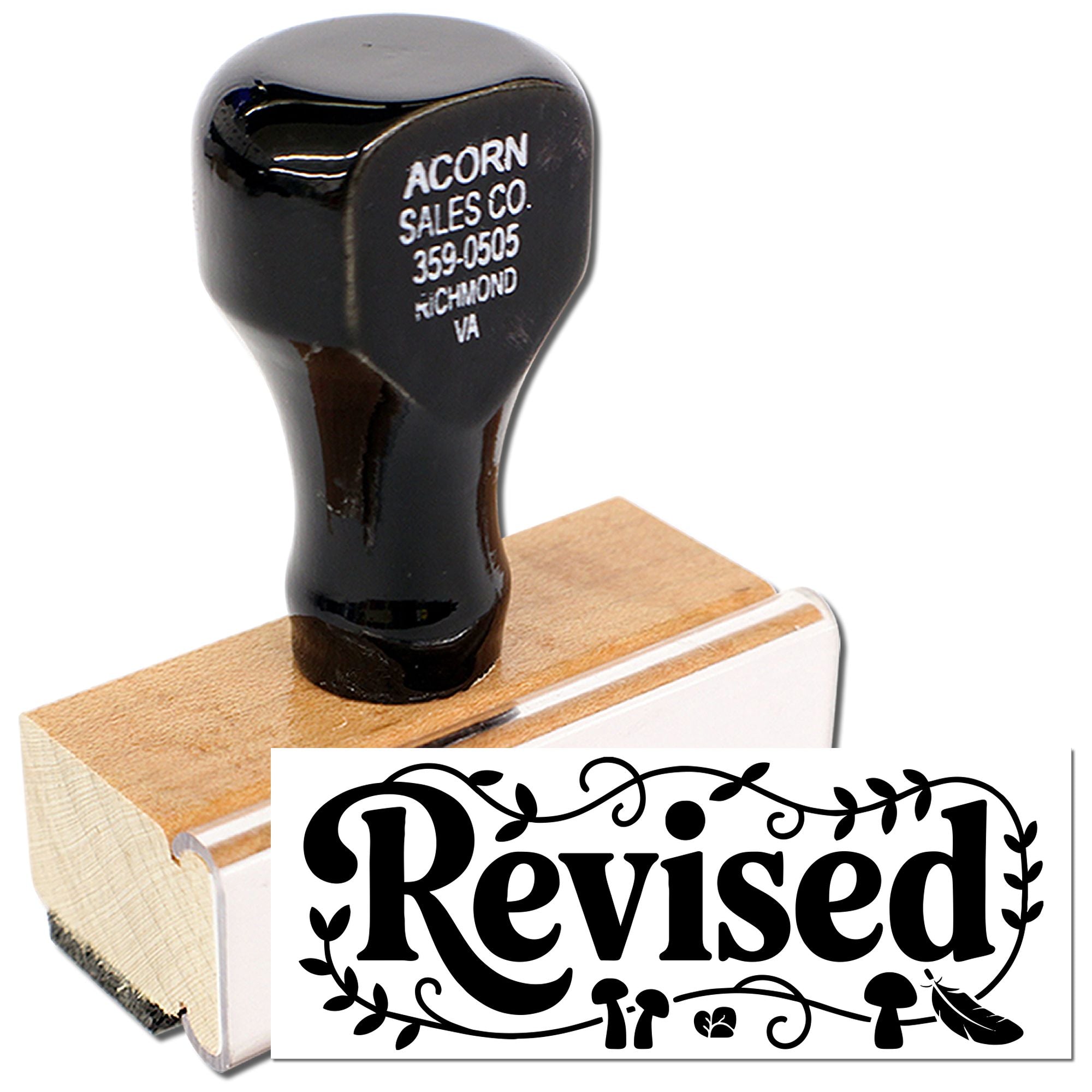 Custom rubber stamp with Revised design for office document review, approval, and filing.