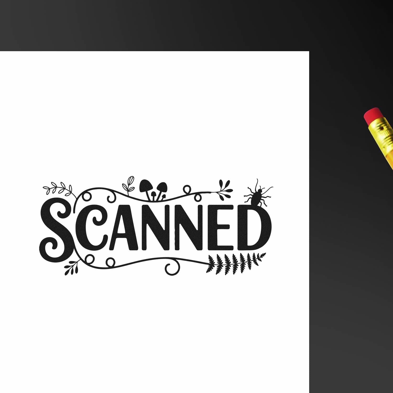 Decorative SCANNED rubber stamp with botanical flourishes and bug accents for craft, scrapbooking, and labeling.