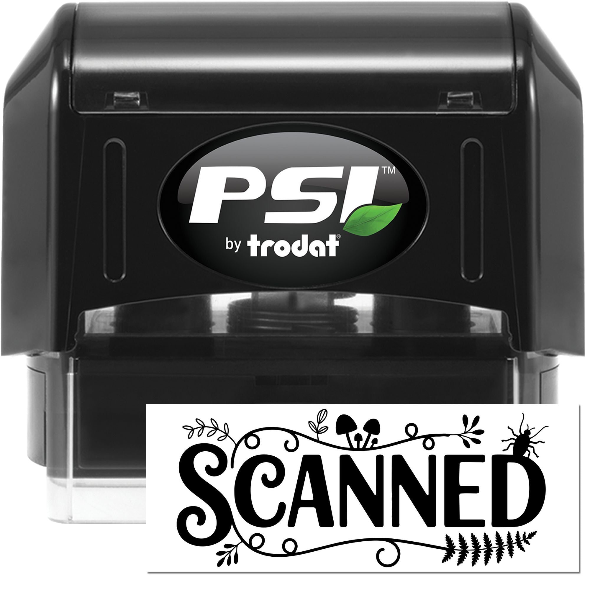 PSI by Trodat self-inking rubber stamp with SCANNED imprint for office document processing and file marking