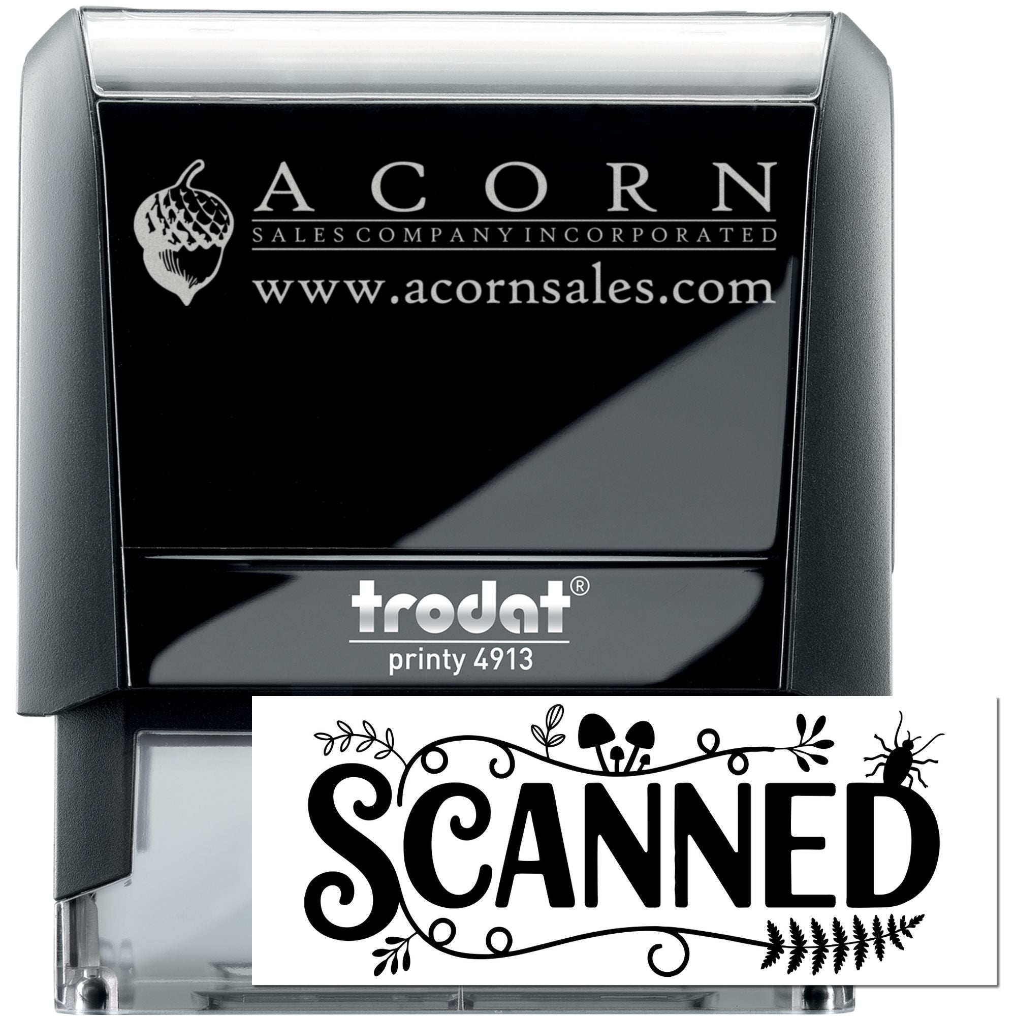 Custom Trodat Printy 4913 self-inking rubber stamp with Acorn Sales Company logo and decorative Scanned imprint