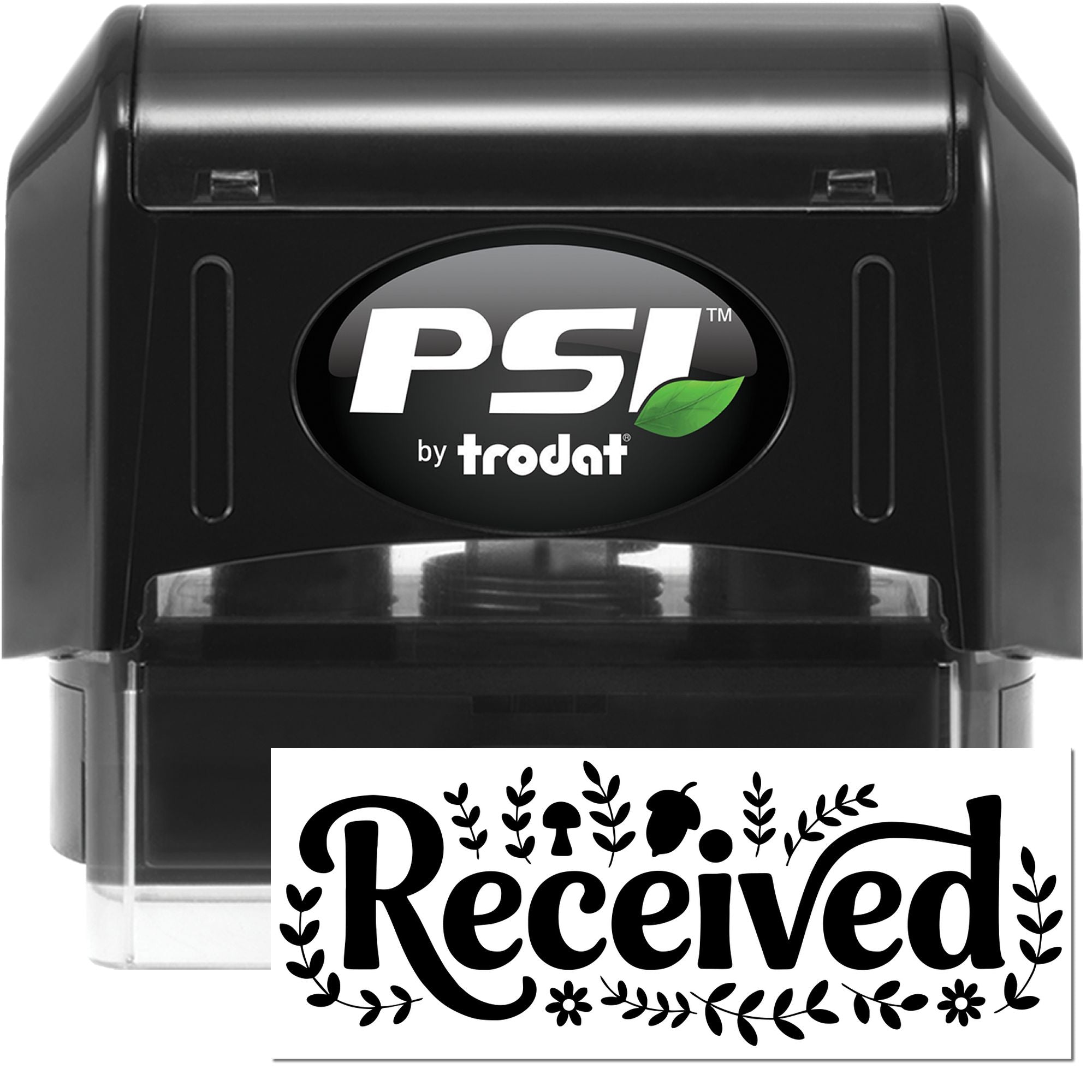 PSI by Trodat self-inking rubber stamp with custom floral Received imprint for office mail and document handling.
