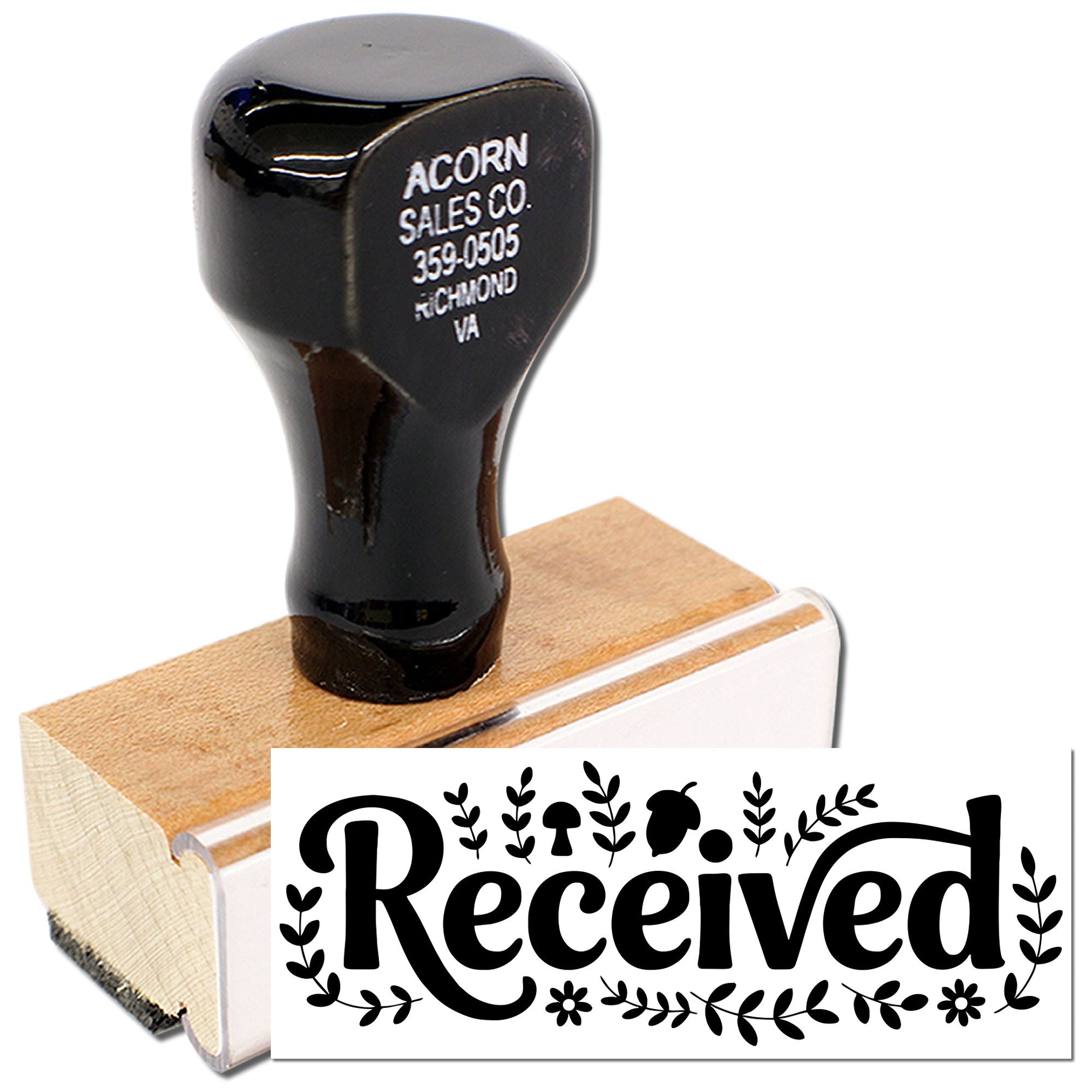 Custom wooden rubber stamp with Received design for office mail and document processing.