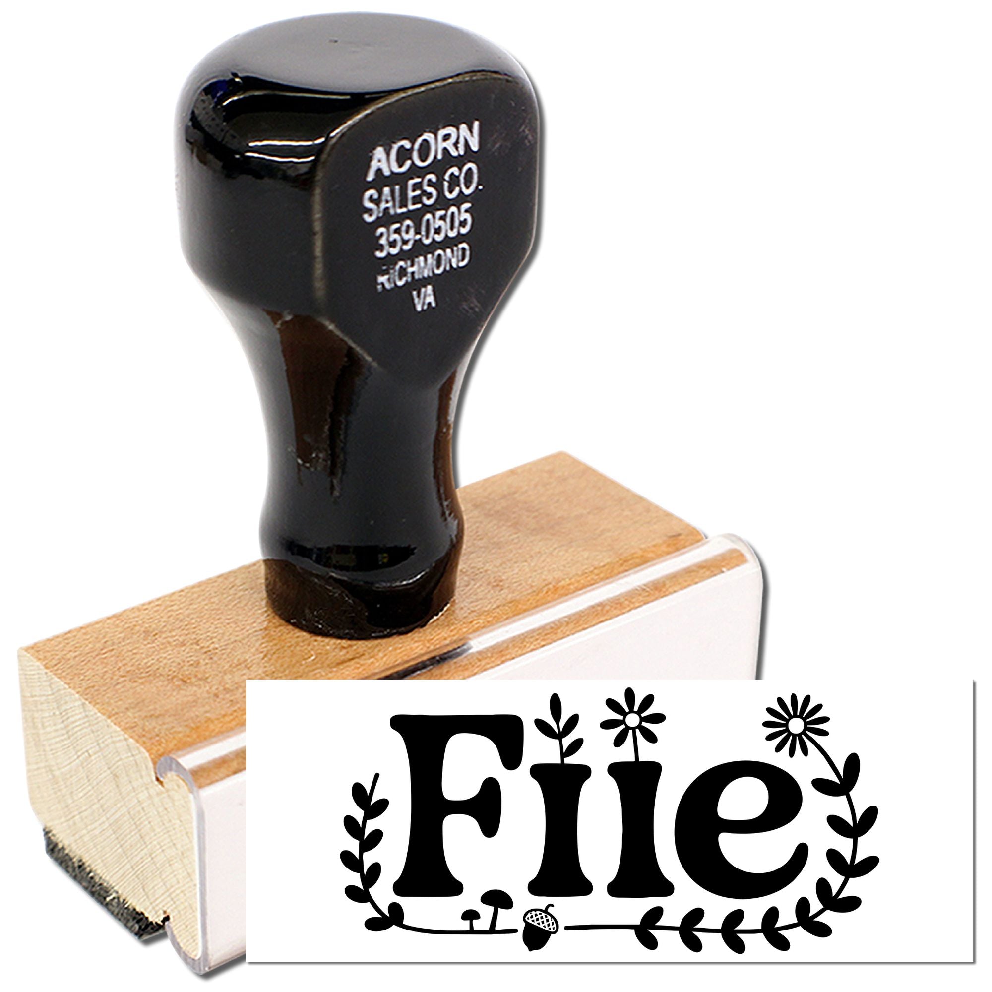 Custom wooden rubber stamp with floral File design, ideal for office filing and personalized business branding.