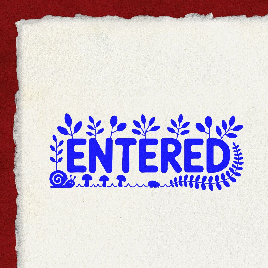 Decorative ENTERED rubber stamp with leaves and snail, ideal for office and document marking.