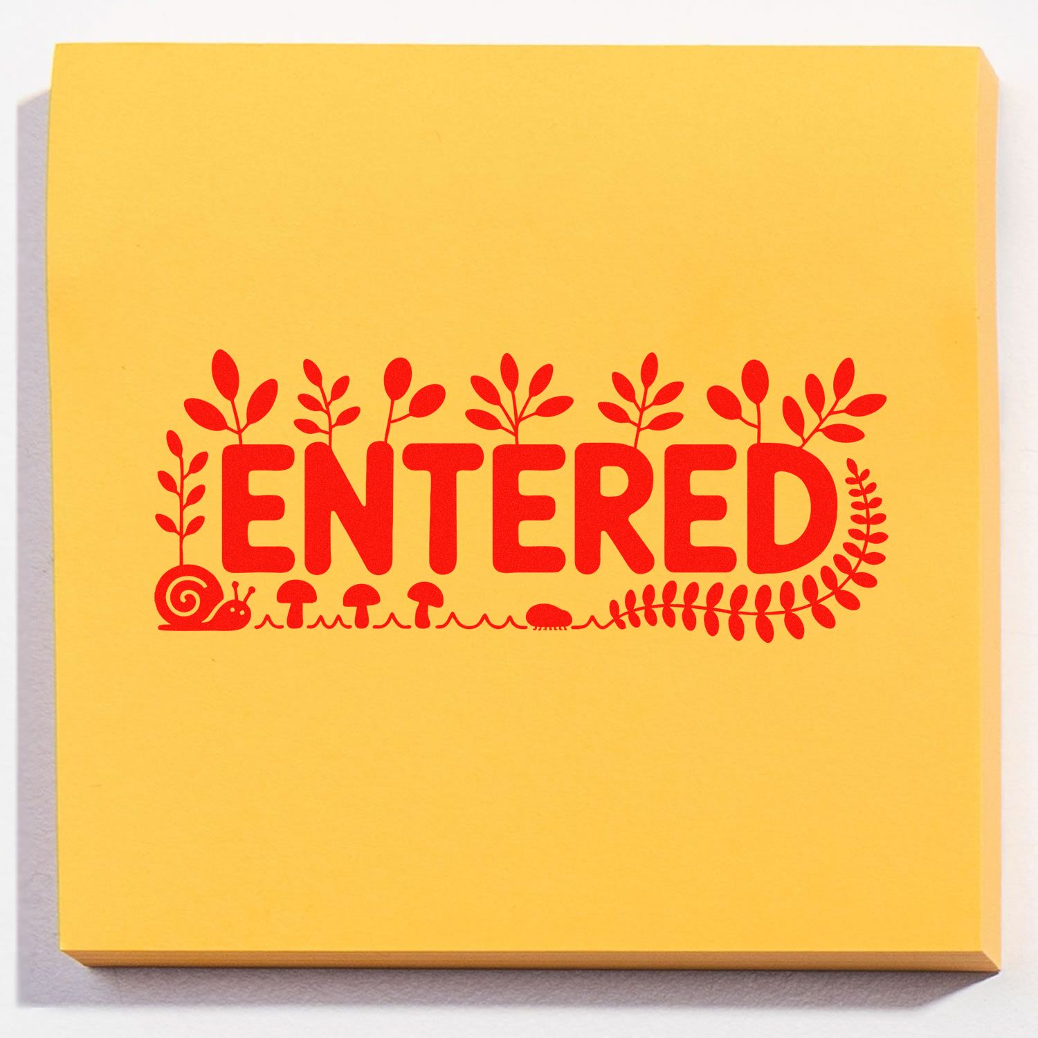 Red ENTERED rubber stamp impression with decorative leaves and snail border on yellow paper