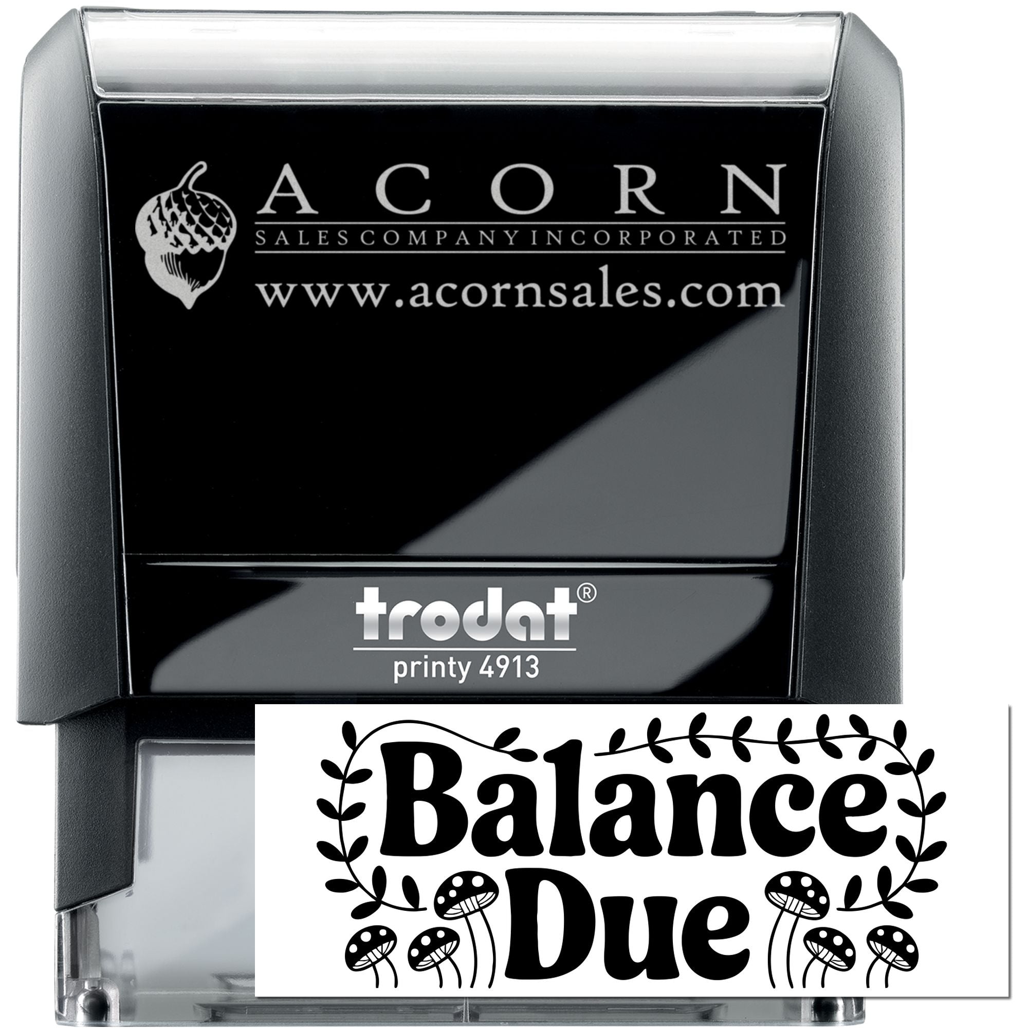 Custom rubber stamps featuring Acorn Sales logo and Balance Due design on a self-inking Trodat stamp.