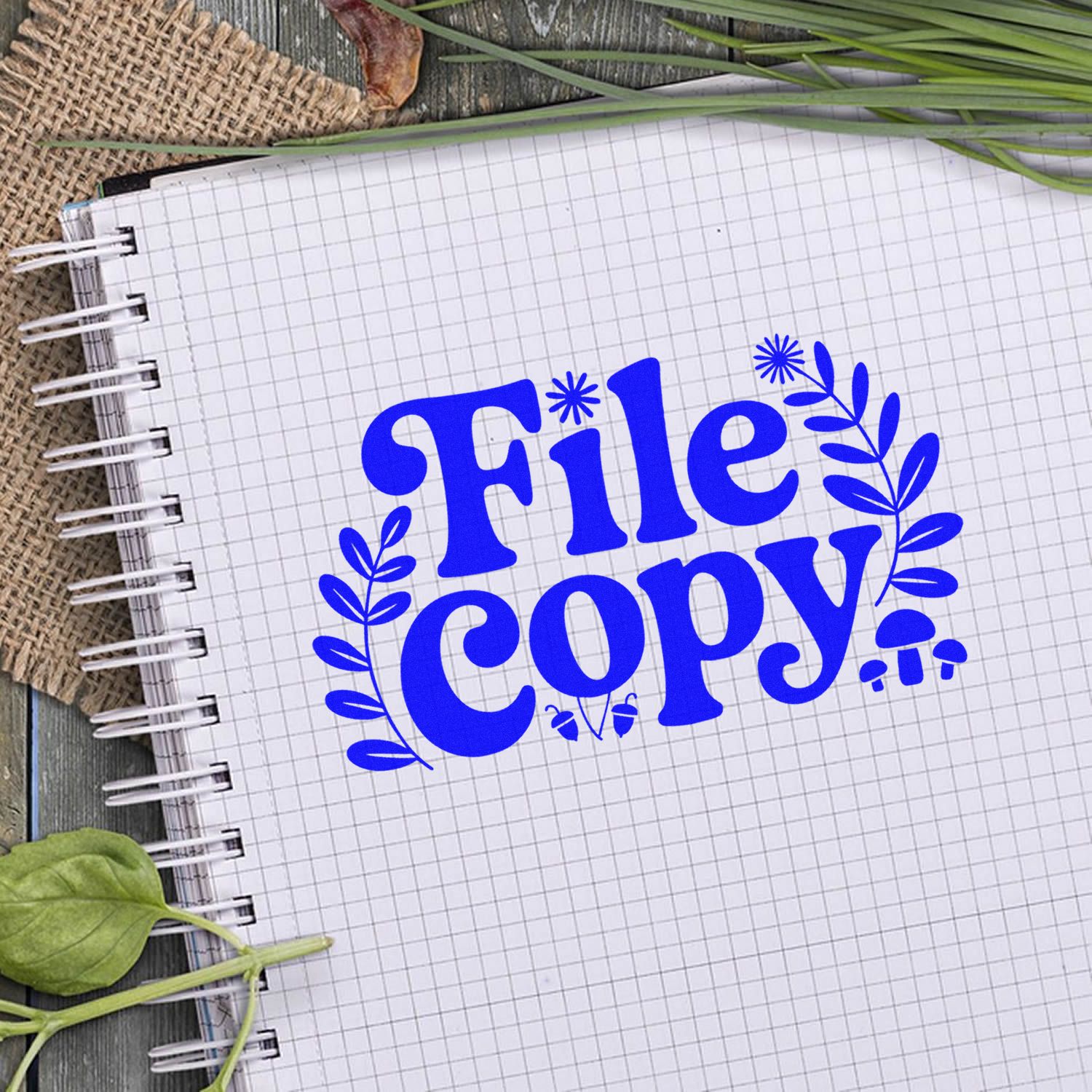 File copy rubber stamp design with bold blue vintage lettering and leafy accents for office paperwork, filing, and document organization.